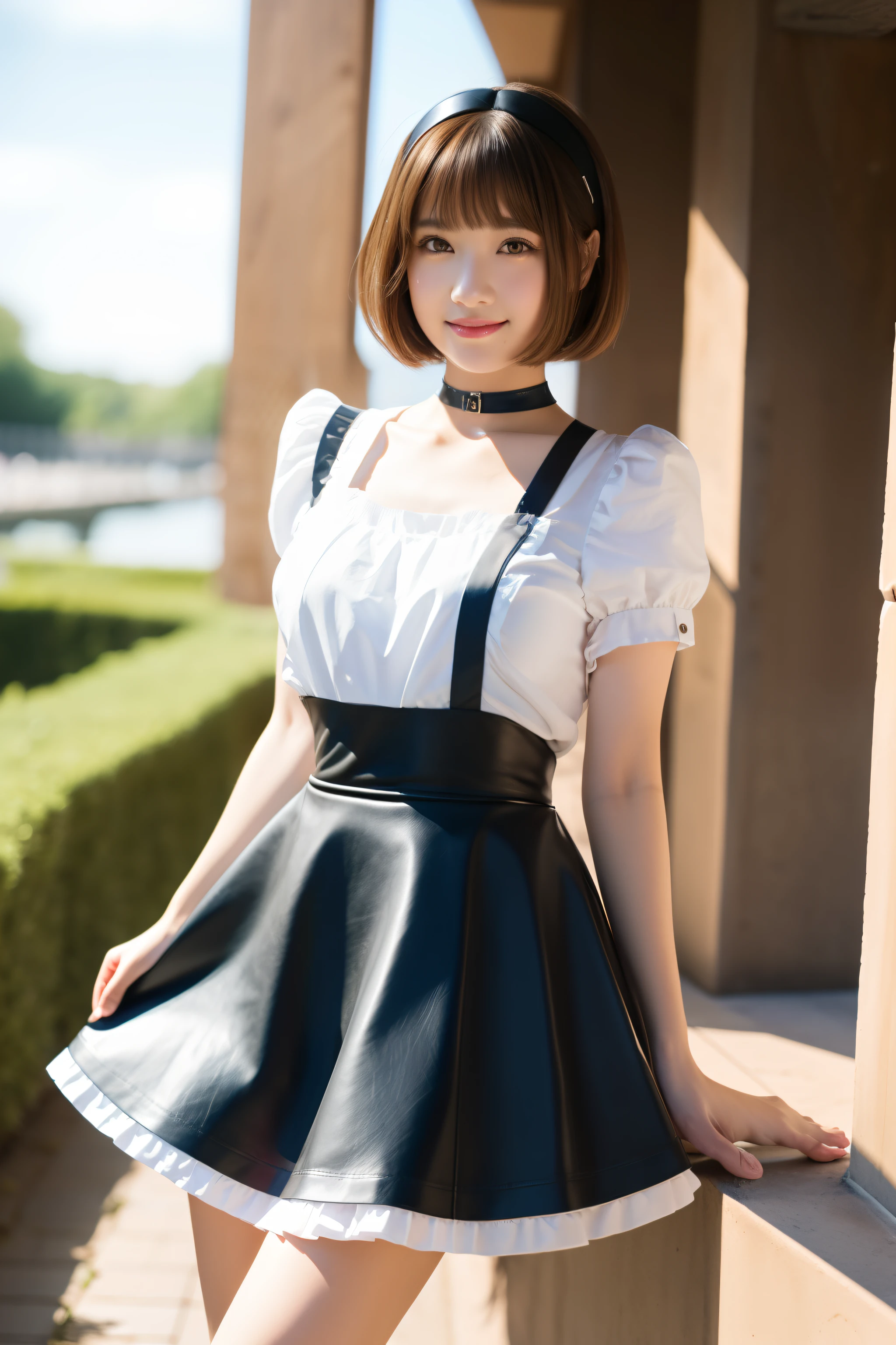 (masterpiece:1.3),(best quality:1.4),ultra high res,(detailed eyes),(detailed facial features),(detailed clothes features),HDR,8k resolution, solo focus, bangs, skin tight, (shiny skin),(slender girl),dreamlike,
(extreme detailed illustration),check commentary,commentary request,scenery,no text,
VirtualGirl-Rin, happy, smile, (small breasts), bangs, bob hair, short hair, brown hair, brown eyes, black choker,
1girl, (solo),
sexy Maid, Maid hair band,Maid dress,Maid apron,Maid skirt,Maid stockings,black leather shoes,