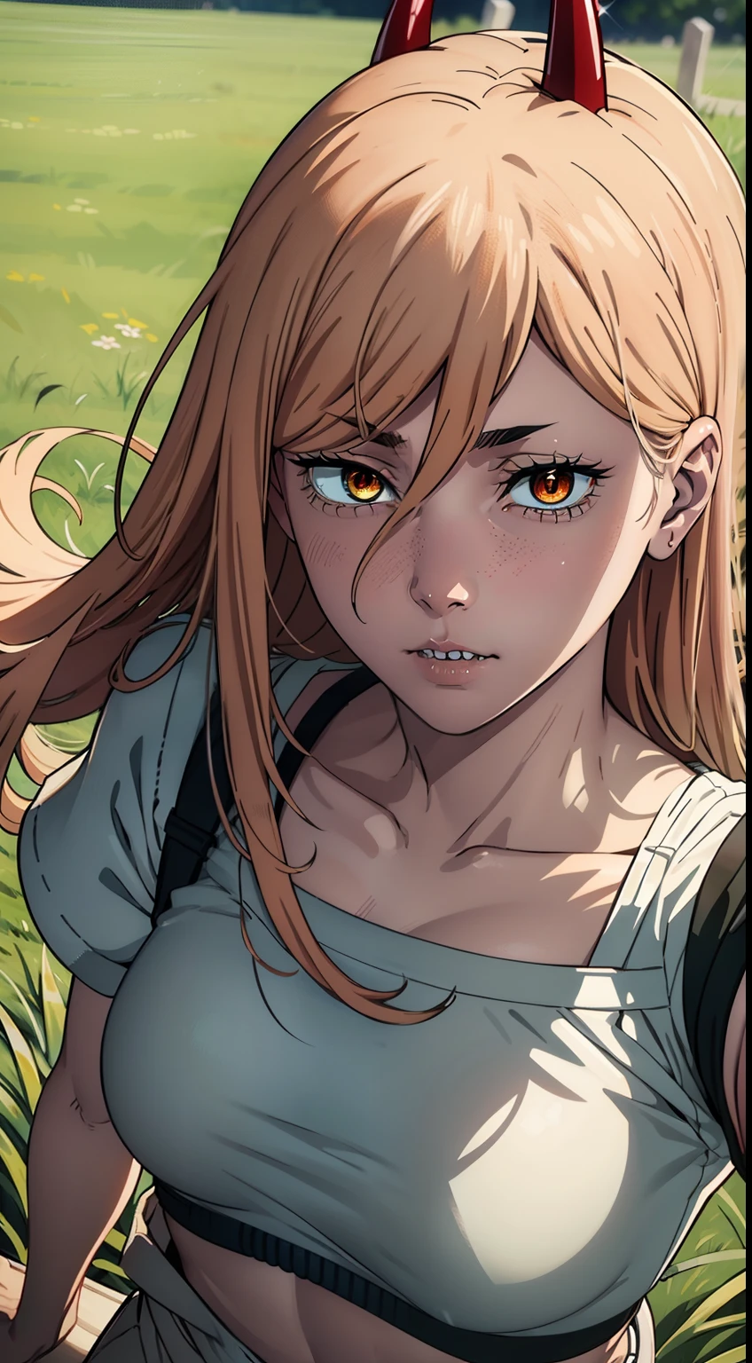 laughting, grass, lawn, is looking at the camera, can be seen in full growth, (Body Full 1:1), The camera looks down on her, Picture from above, Beautiful waist, nice feet, ultra sharp image, Beautiful figure, Beautiful little breasts, sharp teeth,  ultra detail face, Ultra Transparent, Chainsaw Man Energy, Two red sharp horns on the head, ultra sharp image, Ultra Beautiful, little chest. hairlong, blonde woman, Beautiful figure, taut clothes, yellow glowing eyes, Red crosses and circles instead of pupils, handsome body, sexy clothes, Beautiful eyes, very detailed eyes, Very detailed face, handsome body, Cherecter Desing, Very detailed, Detailed body, Detailed hands, Detailed, Vibrants, Detailed Face, sharp-focus, WLOP, artgerm, anime art, Vibrants, Detailed Face, Hugh Details, sharp-focus, Very drooping face, A detailed eye, super fine illustration, better shadow, finely detail, Beautiful detail