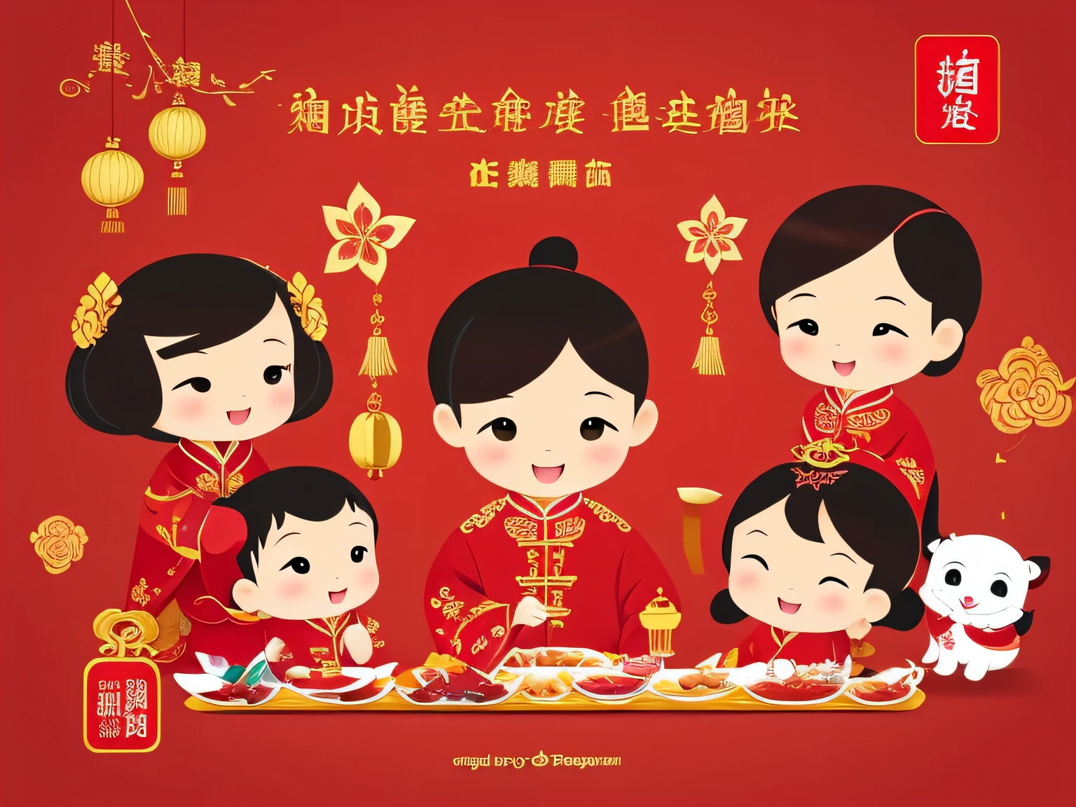 Chinese New Year wallpaper for Instagram, in the style of charming character illustrations, Light red and beige, lit child, Reference painting, Cranberry core, Original characters, White background