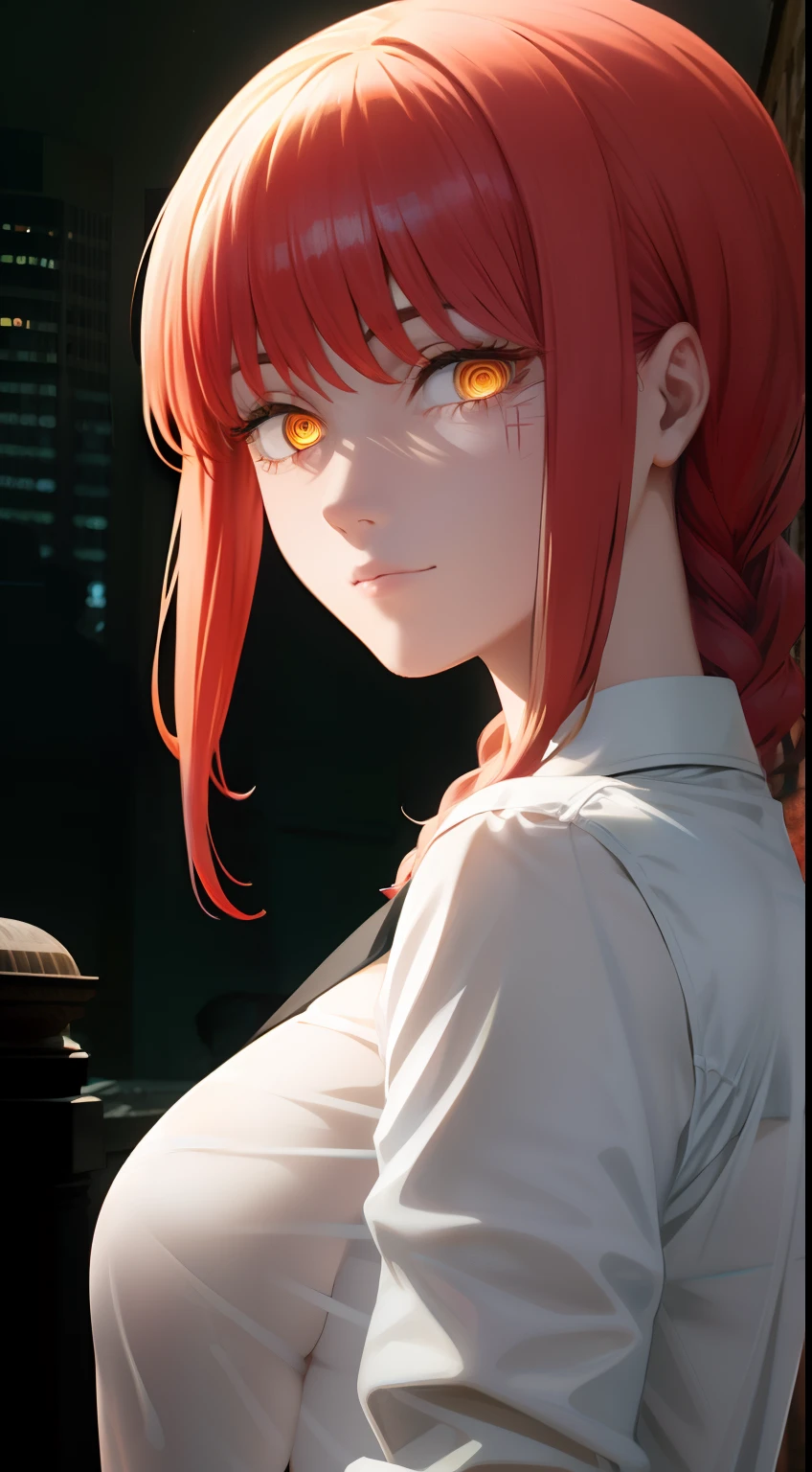 naked body, A ruined building, white shirt, black tight pants, sexy body, teats, bare buttocks, beautiful breasts, bare buttocks, waist, tmasterpiece, beste-Qualit, portraite of a, a 1girl,makima \(chainsaw man\), 独奏, standingn, redhead hair, hairlong, braided, (bright glowing eyes: 1.4), (golden eyes: 1.3), dilated pupils, quiff, Average Breasts, white shirt, tie, opinion, ssmile, looking a viewer, (interview:1.3), hight resolution, (facial focus:1.4), (gaze at the viewer:1.15), (black backdrop,)