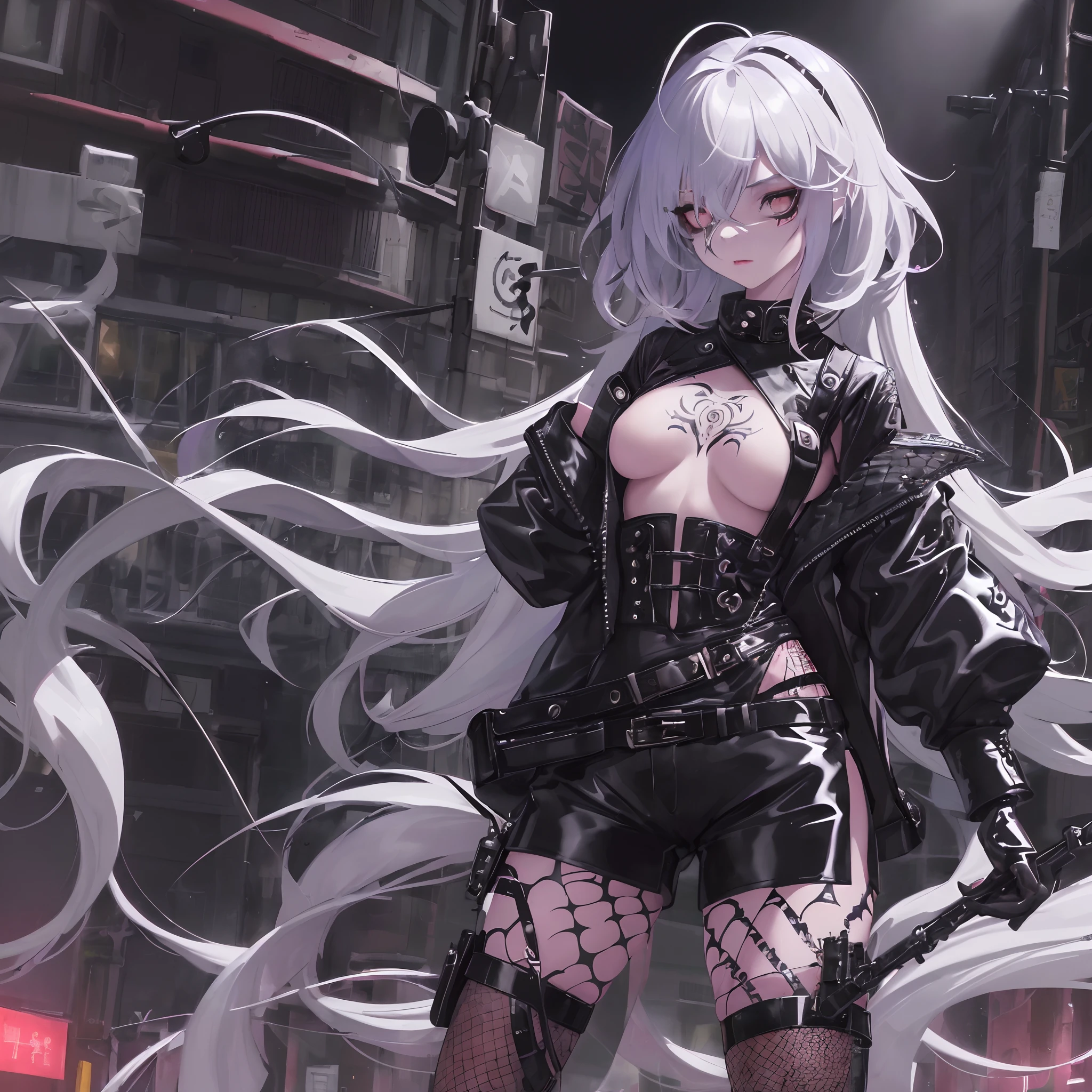 (Best quality at best,tmasterpiece),1girl,(emo girl,a puncture:1.3),fishnets stockings,Latex shorts,Tattooed with,long whitr hair,the night,street corner,The upper body is the human body,The lower body is a spider