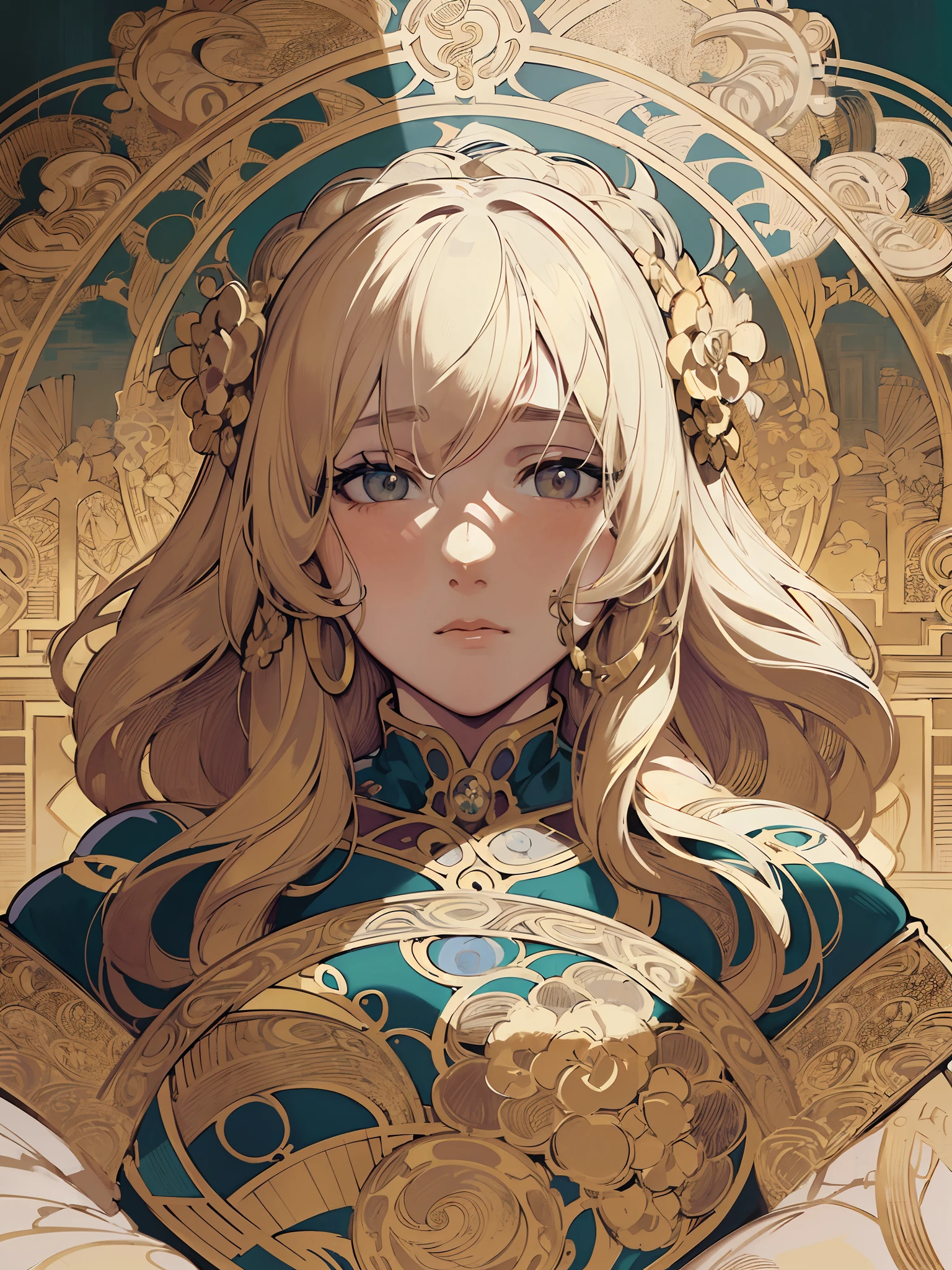 face portrait of a  European female , long curly hair, blond, floral frame, Decorative panels, abstract
artistic, by Alphonse Mucha
(Masterpiece, Best Quality, Highres:1.4), Detailed, Intricate Details, 4K, color splashes, line art,   fibonacci,