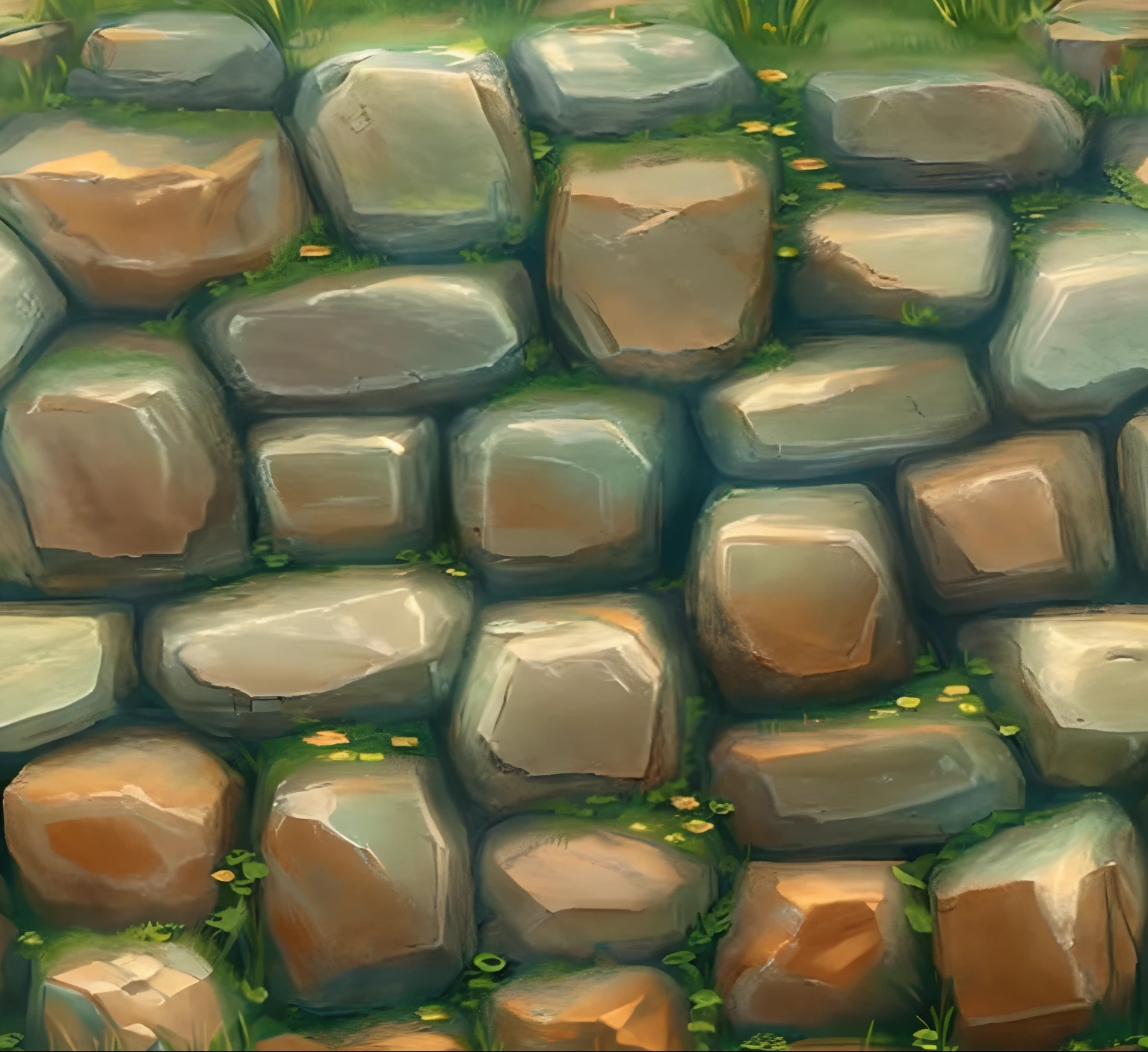Stylized stone wall Texture, world of Warcraft style Texture, fantasy games stylzed Texture, tilleable. flagstone texture, stone paving, texture, cobblestone texture, stone wall Stylize texture map, the stones surfaces are smooth, sharp image, high contrasts, natural clear blue sky day light, highly detailed, vivid colored, soft the stones surface, smooth color blending, Use of vivid colors, smooth and soft the wall stones edges.