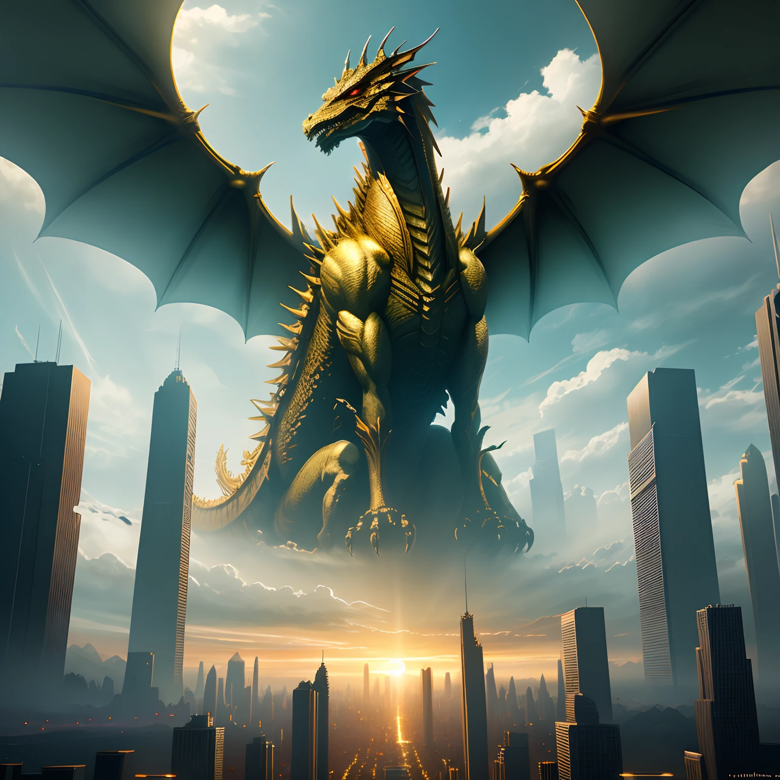 Golden Dragon, Dramatic skies, Cinematic light、Futuristic city