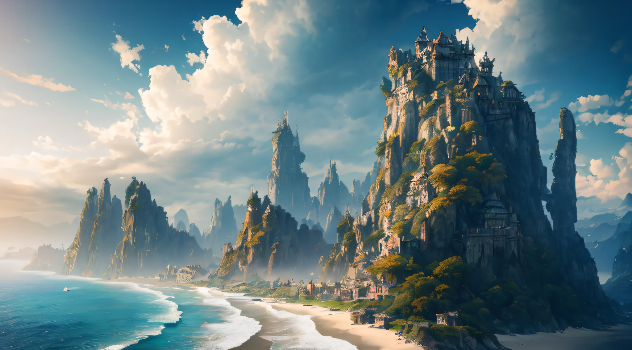 masterpiece, best quality, high quality, extremely detailed CG unity 8k wallpaper, scenery, outdoors, sky, cloud, day, no humans, beach, landscape, water, tree, blue sky, cliff, nature, cloudy sky,award winning photography, Bokeh, Depth of Field, HDR, bloom, Chromatic Aberration ,Photorealistic,extremely detailed, trending on artstation, trending on CGsociety, Intricate, High Detail, dramatic, art by midjourney