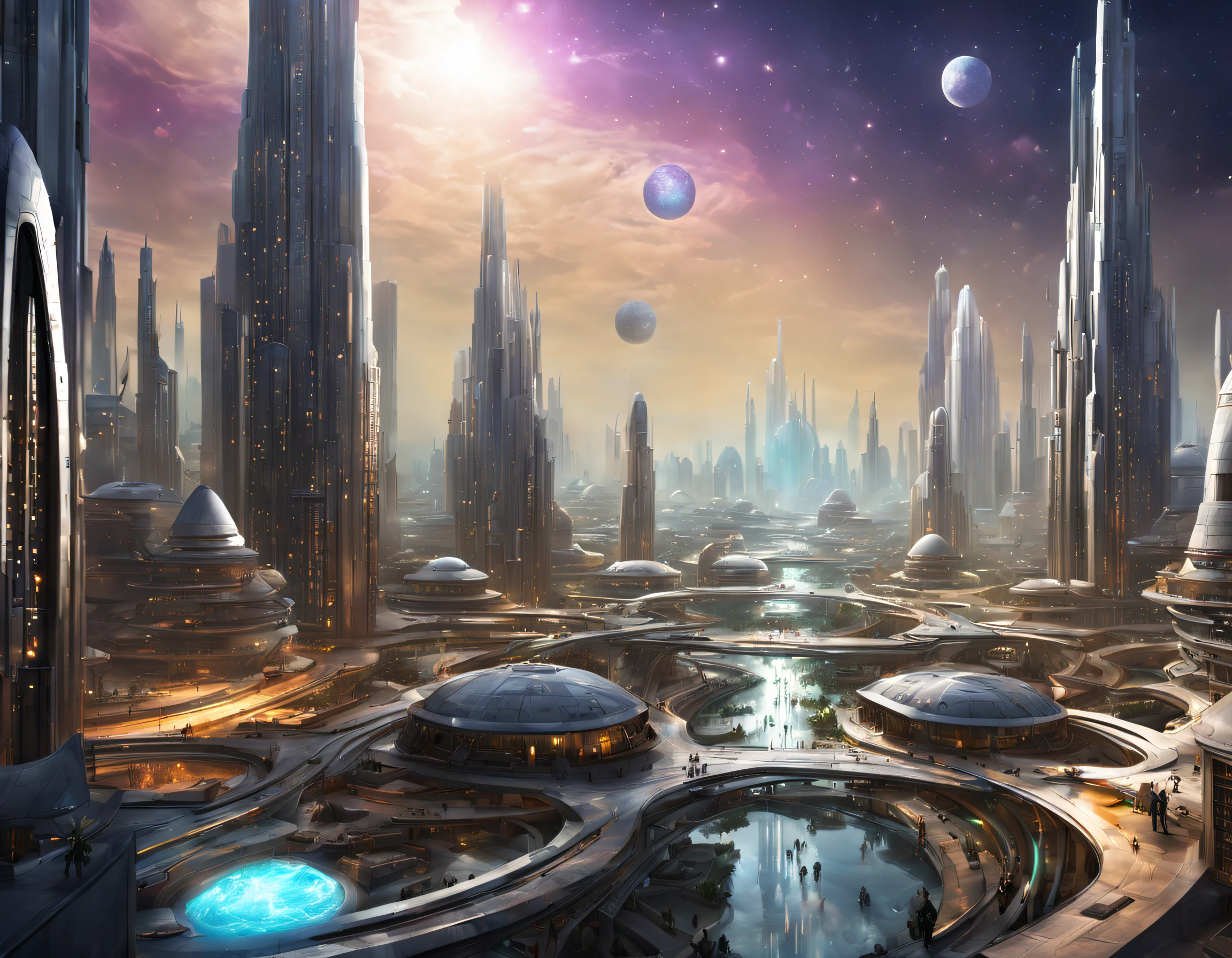 On an unknown planet lies a futuristic fantasy city with immense buildings of technological design (que forman una avenida infinita), con estructuras acristaladas en plata, oro y bronce espectaculares, y estructuras con diamantes y piedas precioosas, opalo, esmeraldas, rubi, zafiro, agata, amatista, (con colores vivos). pavimento ensolado (sin brillo). gente paseando. (similar a coruscant de star wars). imagen bien definida con muchos edificios juntos. imagen nitida bien definida 8k. los edificios llegan alta el fondo.,8k.