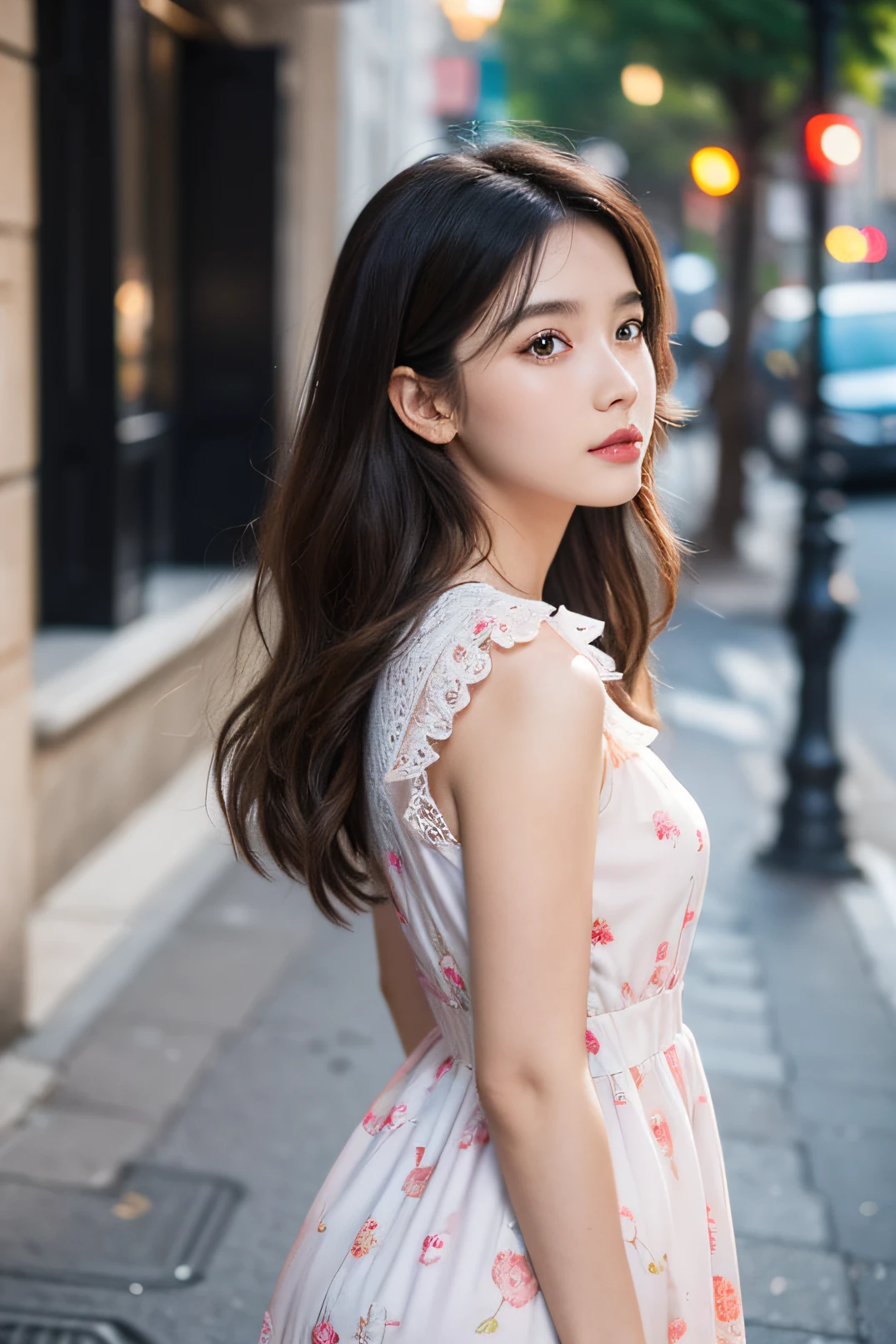 Sweet girl，4K high fidelity，Realistis，streetview，Side angle of the face，Bust photo，Wearing a dress