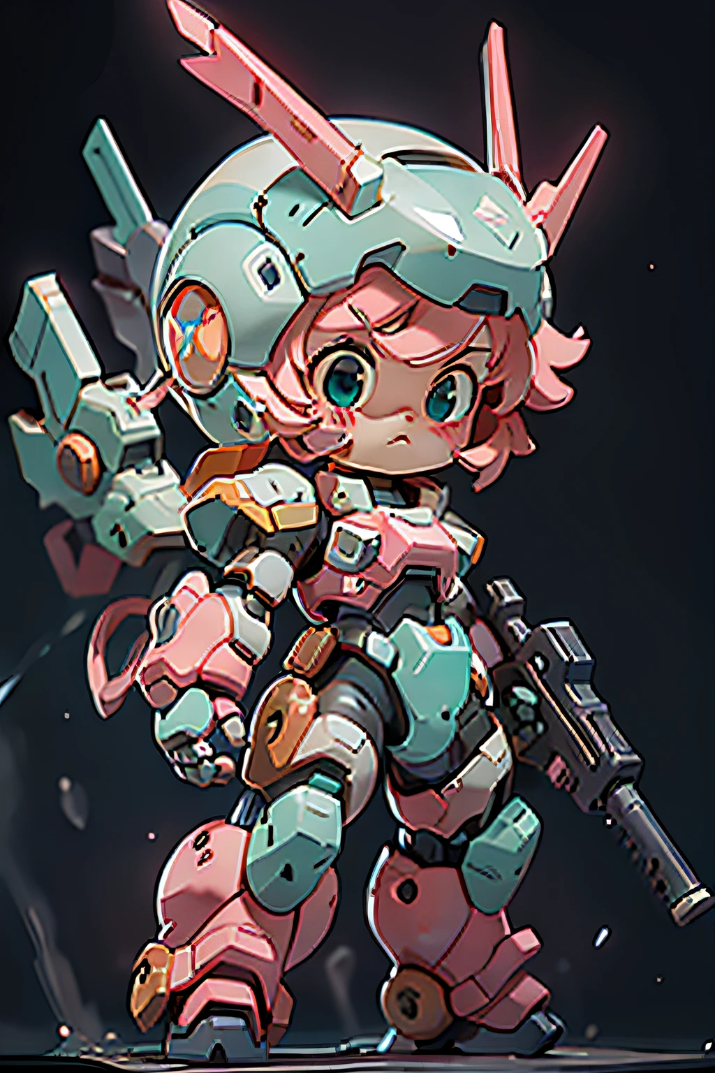 BJ_Cute_Mech,1girl,solo,blush,blue_eyes,holding,closed_mouth,standing,full_body,weapon,pink_hair,chibi,holding_weapon,armor,aqua_eyes,gun,helmet,black_background,clenched_hand,holding_gun,mecha_musume,power_armor,
cinematic lighting,strong contrast,high level of detail,Best quality,masterpiece,White background,