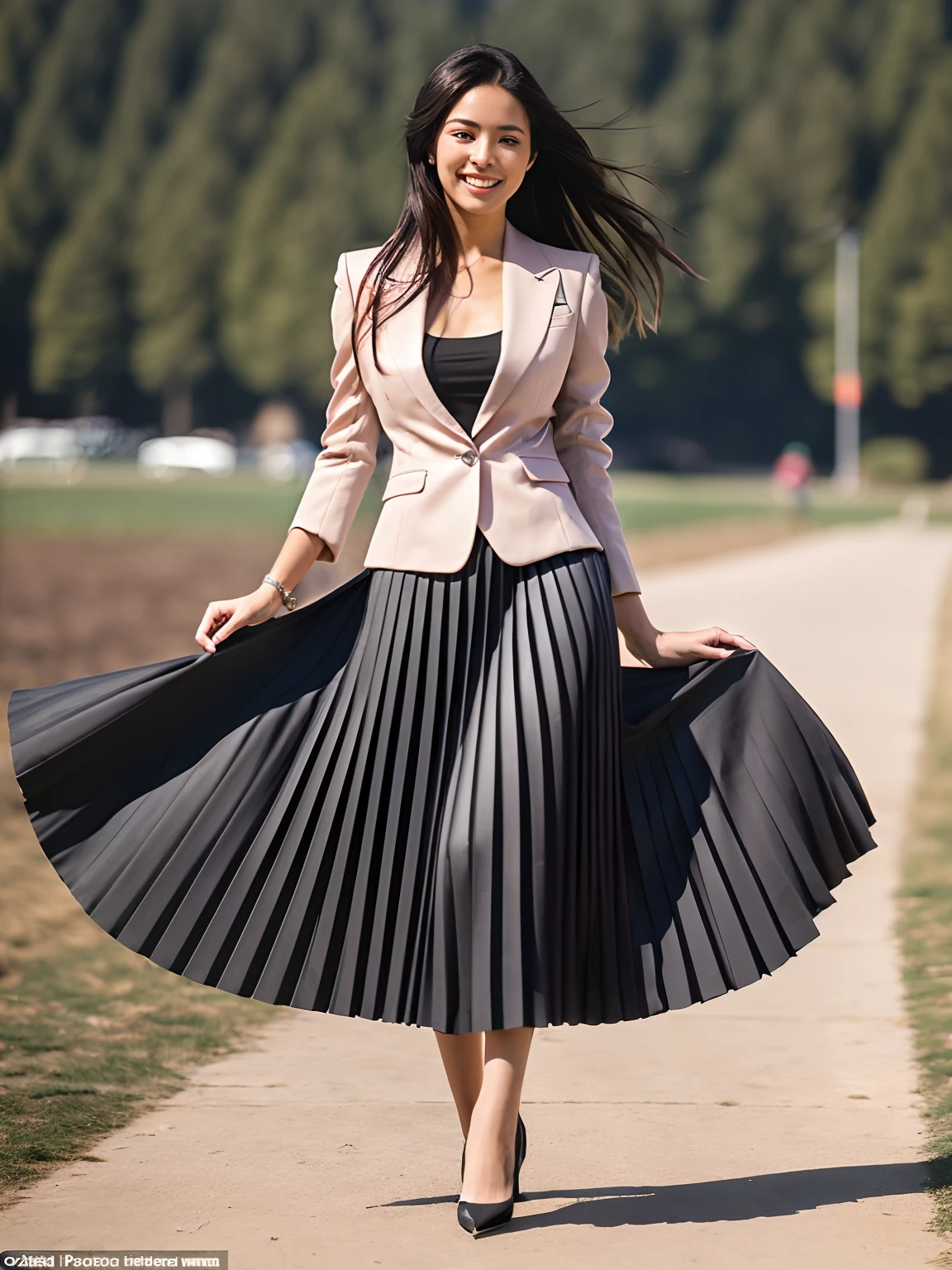 (shy:1,2) (smiling;1,1) woman playing with skirt, dancing, wearing short blazer and very very detailed (long (fully pleated) full circle skirt) and (simple) low heeled office shoes, very very intricate hyper-detailed symmetric (attractive graceful young feminine face) with (sad, tired eyes and a shy smile), large breasts, full of empathy and compassion and love, (pronounced (feminine) features), (highly detailed ultra accurate realistic) hands and fingers, (windy conditions and wind blowing), epic composition, highly detailed attributes, highly detailed space station background, (35mm f1.4 Kodak portra 400 photograph), extremely high quality RAW photograph,