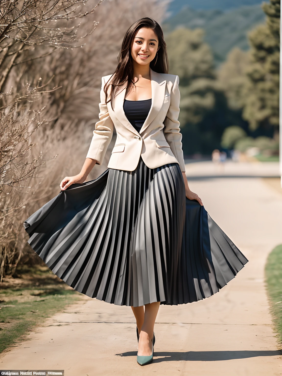 (shy:1,2) (smiling;1,1) woman playing with skirt, dancing, wearing short blazer and very very detailed (long (fully pleated) full circle skirt) and (simple) low heeled office shoes, very very intricate hyper-detailed symmetric (attractive graceful young feminine face) with (sad, tired eyes and a shy smile), large breasts, full of empathy and compassion and love, (pronounced (feminine) features), (highly detailed ultra accurate realistic) hands and fingers, (windy conditions and wind blowing), epic composition, highly detailed attributes, highly detailed space station background, (35mm f1.4 Kodak portra 400 photograph), extremely high quality RAW photograph,