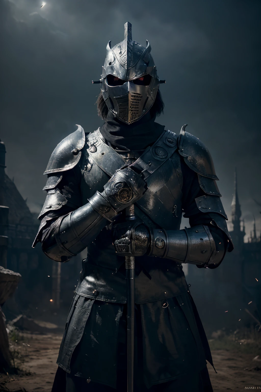 knight, ((wearing a dark souls style armor, mask)), red laser eyes, (Best quality, 8k, 32k, Masterpiece, UHD:1.2), (detailed armor, fine texture, high quality texture, high details, extremely detailed, extreme detailed, highest detailed, ultra detailed), blurry background, ((rising left fist to the sky, magic wand in right hand)), dark fantasy