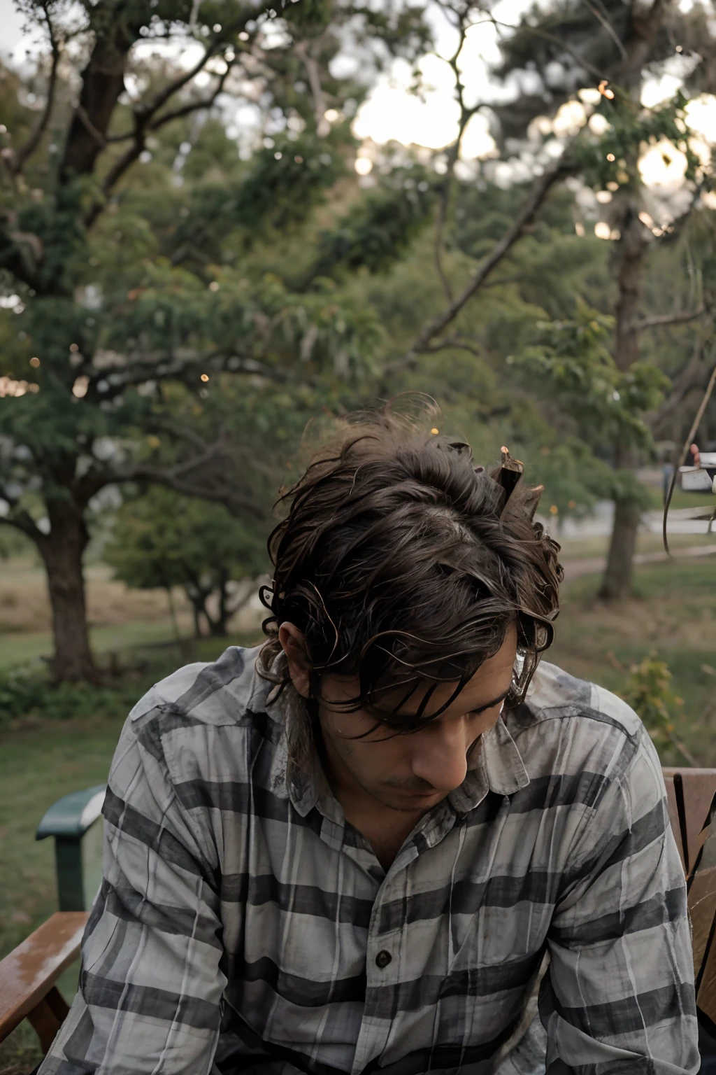 arafed man sitting on a bench looking at a cell phone, his hair is messy and unkempt, his hair is messy and wild, a photo of a disheveled man, messy black hair, loose messy hair, windy hair, hair made of trees, short hair on top of his head, black messy hair, curls on top of his head