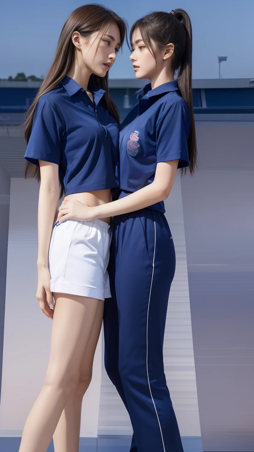(bestquality,10,10,highres,masterpiece:1.2),ultra-detail,(Realistic,photorealistic portrait,photo-realistic:1.37),1 Cute girl in the football field,oily shiny skin,bara,light smile,BDclothes,((blue shirt:1.3)),short sleeves,shirt, trousers.,(navy_long_Pants Track:1.1), ((Stadium Background:1.3)),dynamic angle,excited,face focus,Dynamic Poses,from behide,Ass Focus,masterpiece, bestquality, ultra realistic, hyper-detail, 8k resolution, RAW photo, crisp focus, ((Navy blue shirt:1.1)), short sleeves, Long Path, Perfect body, 2 mature women, 18yo, cinematic light,Blue sweatpants,Gymware,Correct anatomy,Complete body, Correct body, sharp face, Anatomically correct body, full entire body, Realistic gestures, long-haired, Realistic poses,Wear long shorts........,Long leg span,Shapely,Sculpting Girl, 2 girls kissing each other, Realistic kiss, Slender Figure, mannequin mannequins, Shapely, Beautiful body