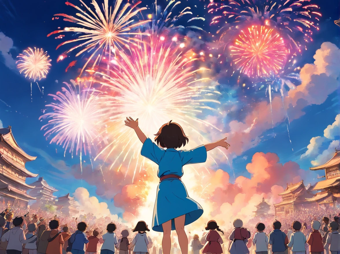 with blue sky and white clouds,Tanoue,The crowd cheered around the boy,Clap your palms。The boy stands in the center,With a flower cannon(Young red Zhuang costume boy(Positive perspective,rejoice),Stand in the middle of the crowd,Grab the fireworks with your right hand held high。)