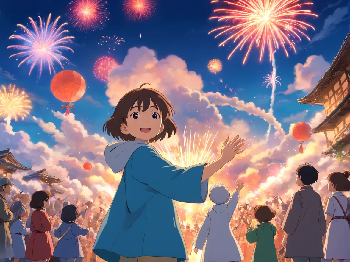 with blue sky and white clouds,Tanoue,The crowd cheered around the boy,Clap your palms。The boy stands in the center,With a flower cannon(Young red Zhuang costume boy(Positive perspective,rejoice),Stand in the middle of the crowd,Grab the fireworks with your right hand held high。)