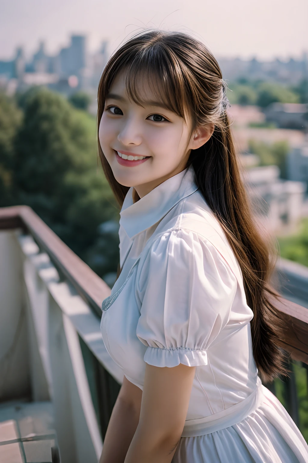 ​masterpiece、4K、top-quality、beautiful Korean women、detail portrayal、1 girl in、23years old、(Anime Maid:1.2)、open terrace、(filmg, Ilford HP5, 80mm)、 depth of fields、cowboy  shot、ssmile