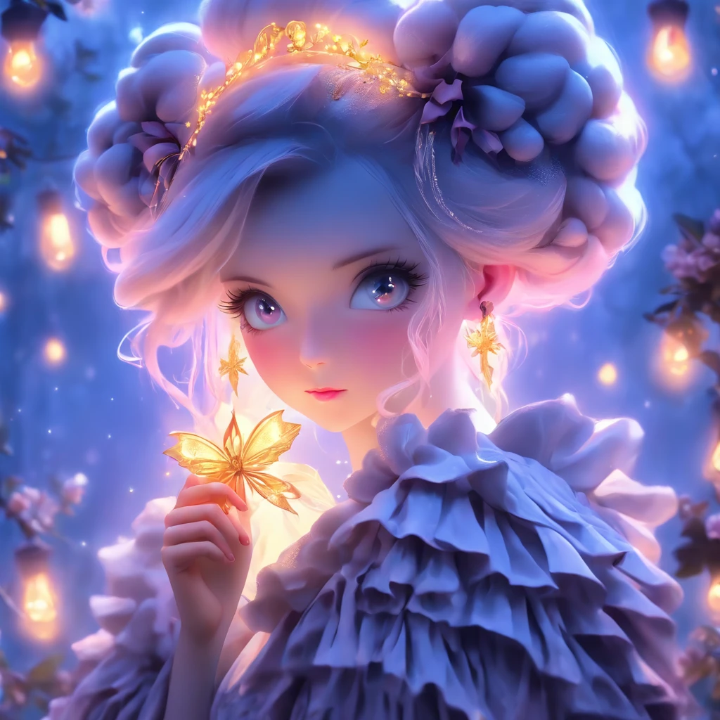 (best quality,4k,highres,masterpiece:1.2),ultra-detailed,realistic,gothic,lolita, very short shaved short hair,gothic fashion,blue and purple hair,soul spells,casting spells,glowing, eyeglasses, gothic lolita outfit,garden backdrop,enchanted atmosphere,mystical aura,moonlit night,ethereal beauty,dark elegance,porcelain skin,piercing gaze,intense expression Delicate lace,ornate patterns,frills and ribbons, Victorian-inspired accessories,elaborate headpiece,magic sigils,powerful incantations,dancing in the moonlight,fantastical landscape,subtle shadows and highlights,deep contrast of colors,velvet cloak,midnight hues,dramatic lighting,transcendent presence,whimsical and mysterious,hauntingly beautiful fairy tale,vibrant and enchanting。