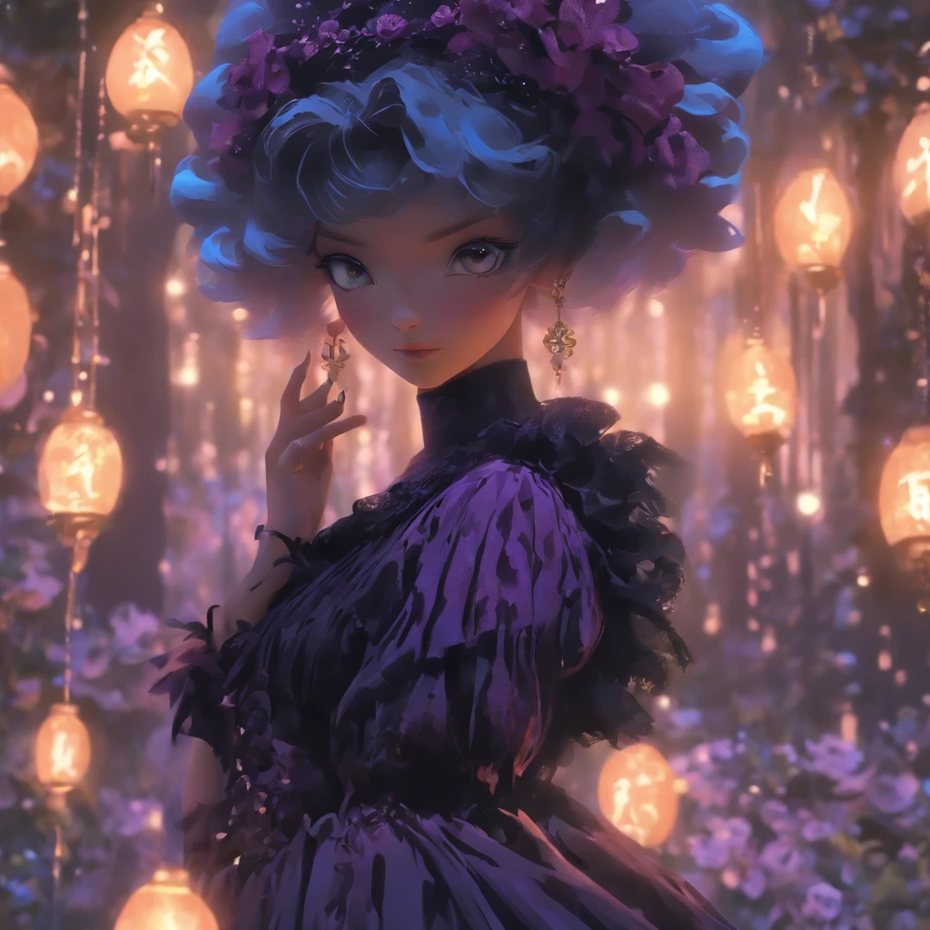 (best quality,4k,highres,masterpiece:1.2),ultra-detailed,realistic,gothic,ta, very short shaved short hair,gothic fashion,blue and purple hair,soul spells,casting spells,glowing, eyeglasses, gothic loliutfit,garden backdrop,enchanted atmosphere,mystical aura,moonlit night,ethereal beauty,dark elegance,porcelain skin,piercing gaze,intense expression Delicate lace,ornate patterns,frills and ribbons, Victorian-inspired accessories,elaborate headpiece,magic sigils,powerful incantations,dancing in the moonlight,fantastical landscape,subtle shadows and highlights,deep contrast of colors,velvet cloak,midnight hues,dramatic lighting,transcendent presence,whimsical and mysterious,hauntingly beautiful fairy tale,vibrant and enchanting。