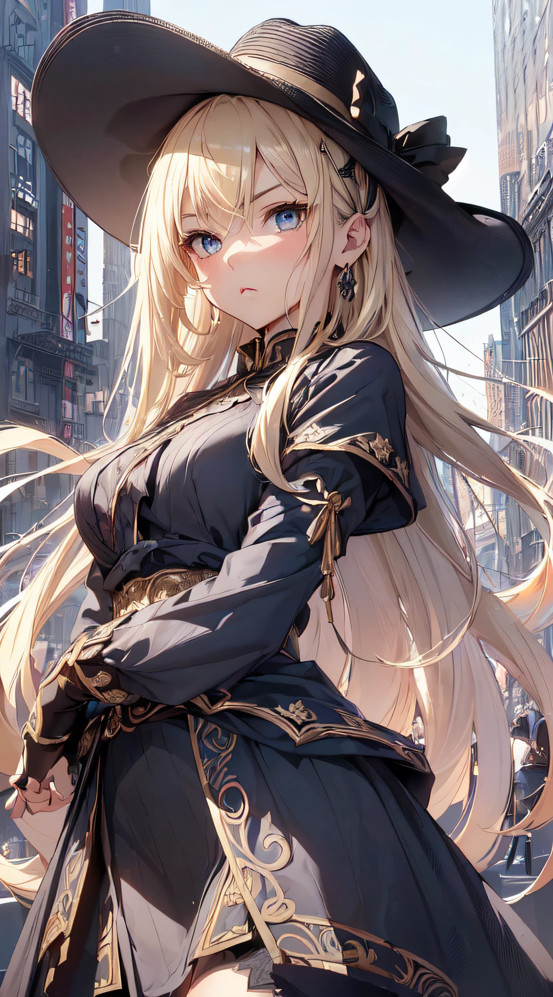 top-quality、Top image quality、​masterpiece、girl with((cute little、18year old、Best Bust、Medium bust、Bust 85,Beautiful blue eyes、Breasts wide open,Blonde long hair、A slender、Black attire、Serious face,Cowboy Hat、On the waist２Japan sword of the book、Fluttering hair)）hiquality、Beautiful Art、Background with((New york city)),masutepiece、Elaborate design、visualart、depth of fields、The best lighting、highestdetailed、8ｋ,Super delicate、A short distance away、Black and white world、Kurosawa World