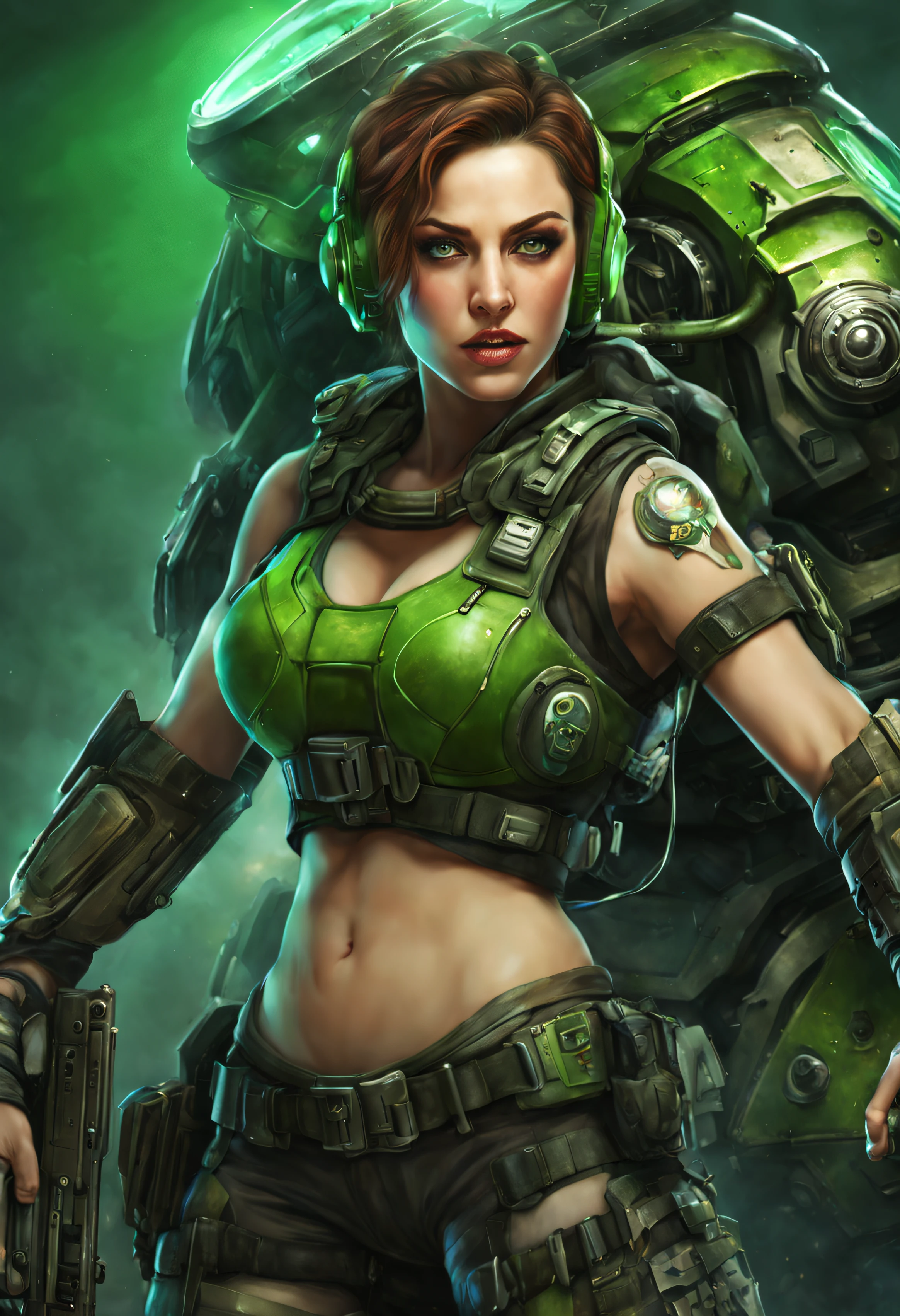 cuerpo entero,hembra con cara rara de alienigena extraterrestre pero bellisima, con ojos supergrandes en relacion con su cara, con iris de color verde,con el uniforme militar sexy con minifalda, de gears of war,(se encuentra en centro de control de estacion espacial).8k.