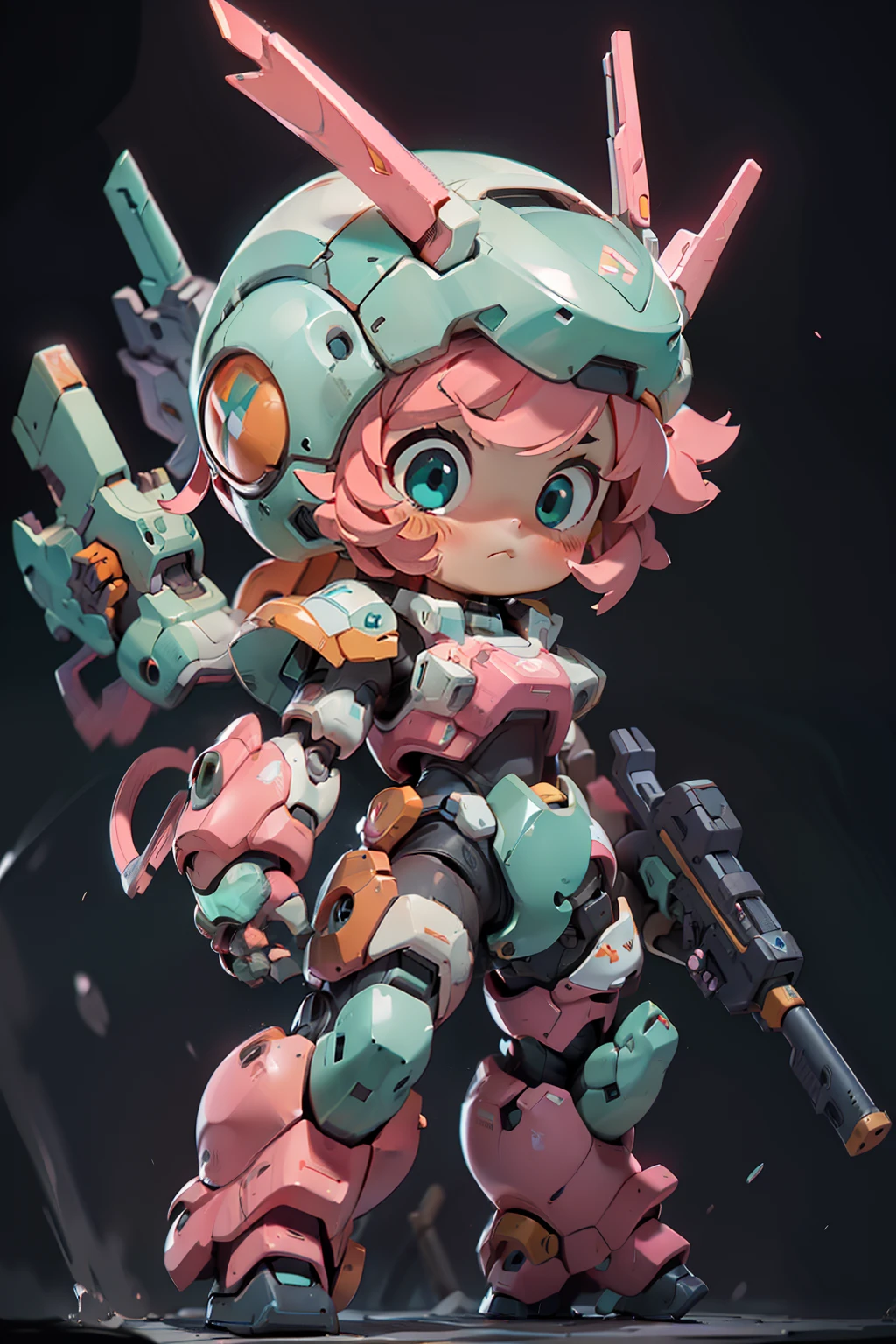 BJ_Cute_Mech,1girl,solo,blush,blue_eyes,holding,closed_mouth,standing,full_body,weapon,pink_hair,chibi,holding_weapon,armor,aqua_eyes,gun,helmet,black_background,clenched_hand,holding_gun,mecha_musume,power_armor,
cinematic lighting,strong contrast,high level of detail,Best quality,masterpiece,White background,