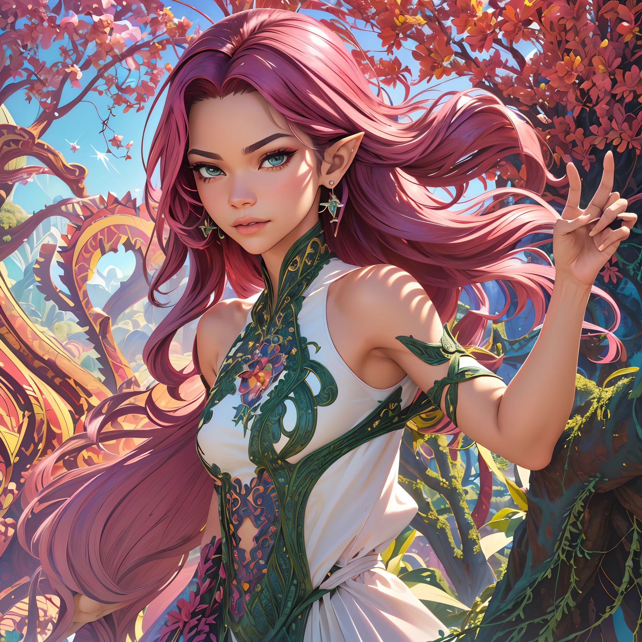 (zendaya:Evangeline Lilly) [woman:Plant:15], (masterpiece:1.4, best quality), (intricate details), unity 8k wallpaper, ultra detailed, beautiful and aesthetic, (surrealism:1.4), affinity for plants, can control their growth, shape, and even communicate with them, manipulate their thorns and vines, command them to perform specific tasks, long hair, pink hair, pointy ears