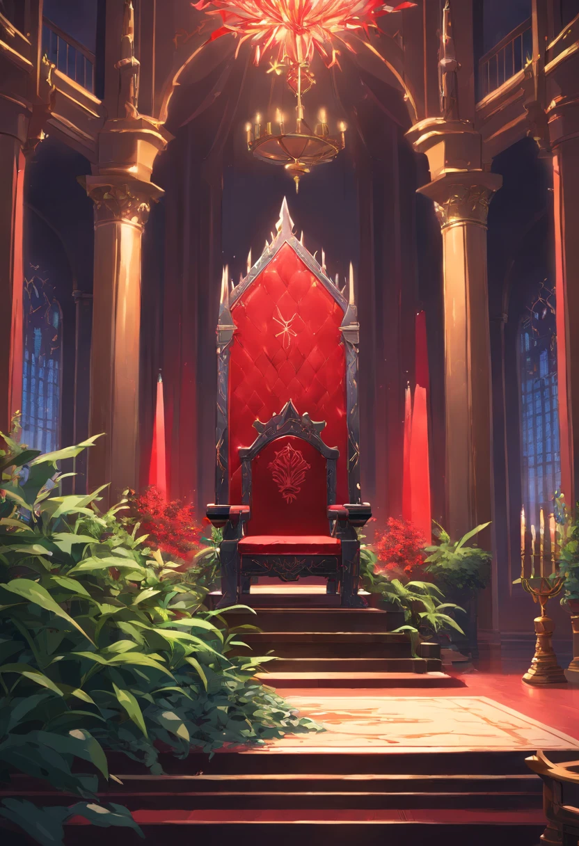 royal hall, A throne, Thorn plants, Dark light, Empty room, Gloomy composition, Black and Red Throne, Thorny plants around the throne, Close-up of the throne.The Tibetan boy was crowned king