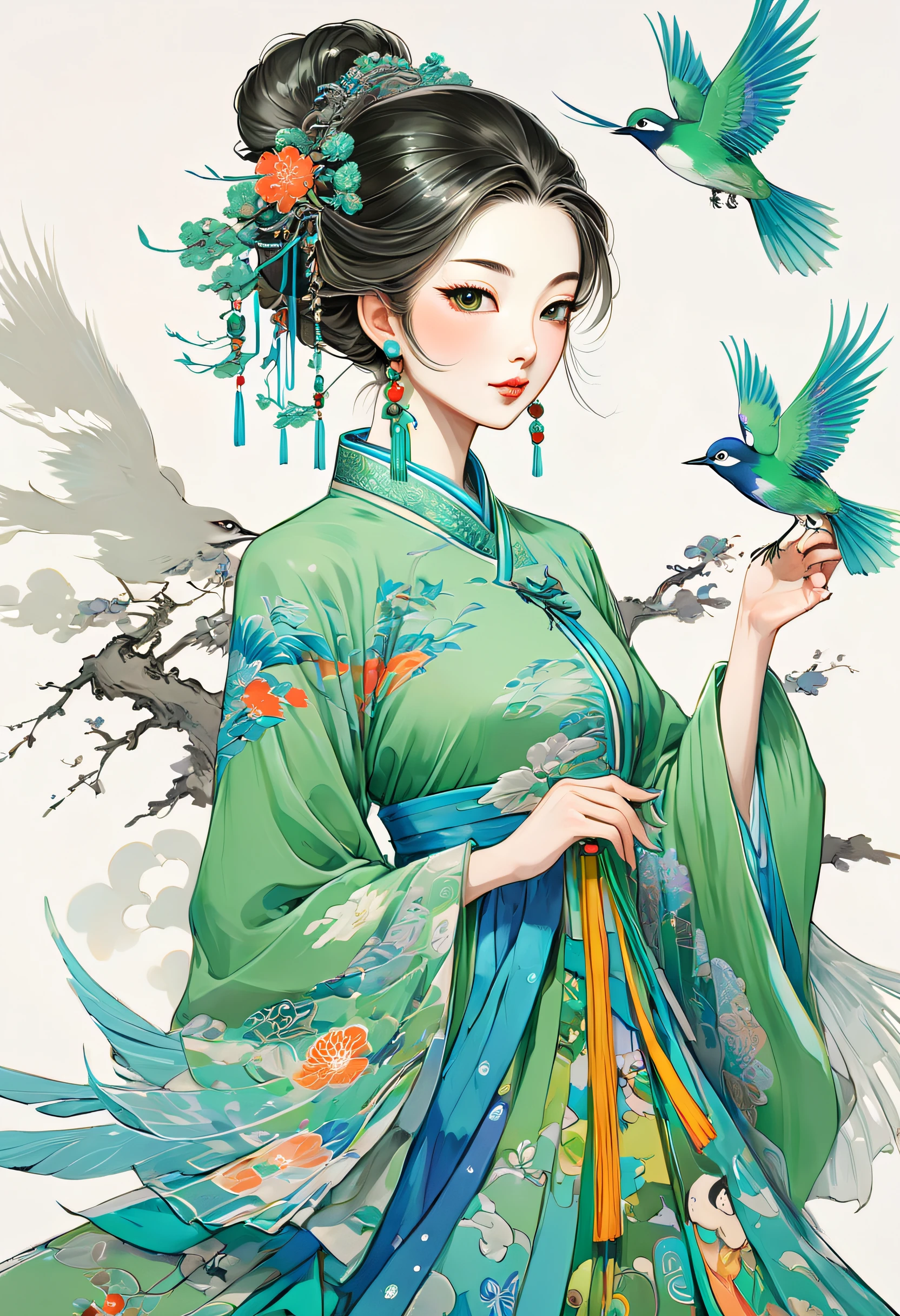 a painting of an chinese woman with a bird and colourful dress, in the style of charming anime characters, green and azure, intricate illustrations, bold, manga-inspired characters