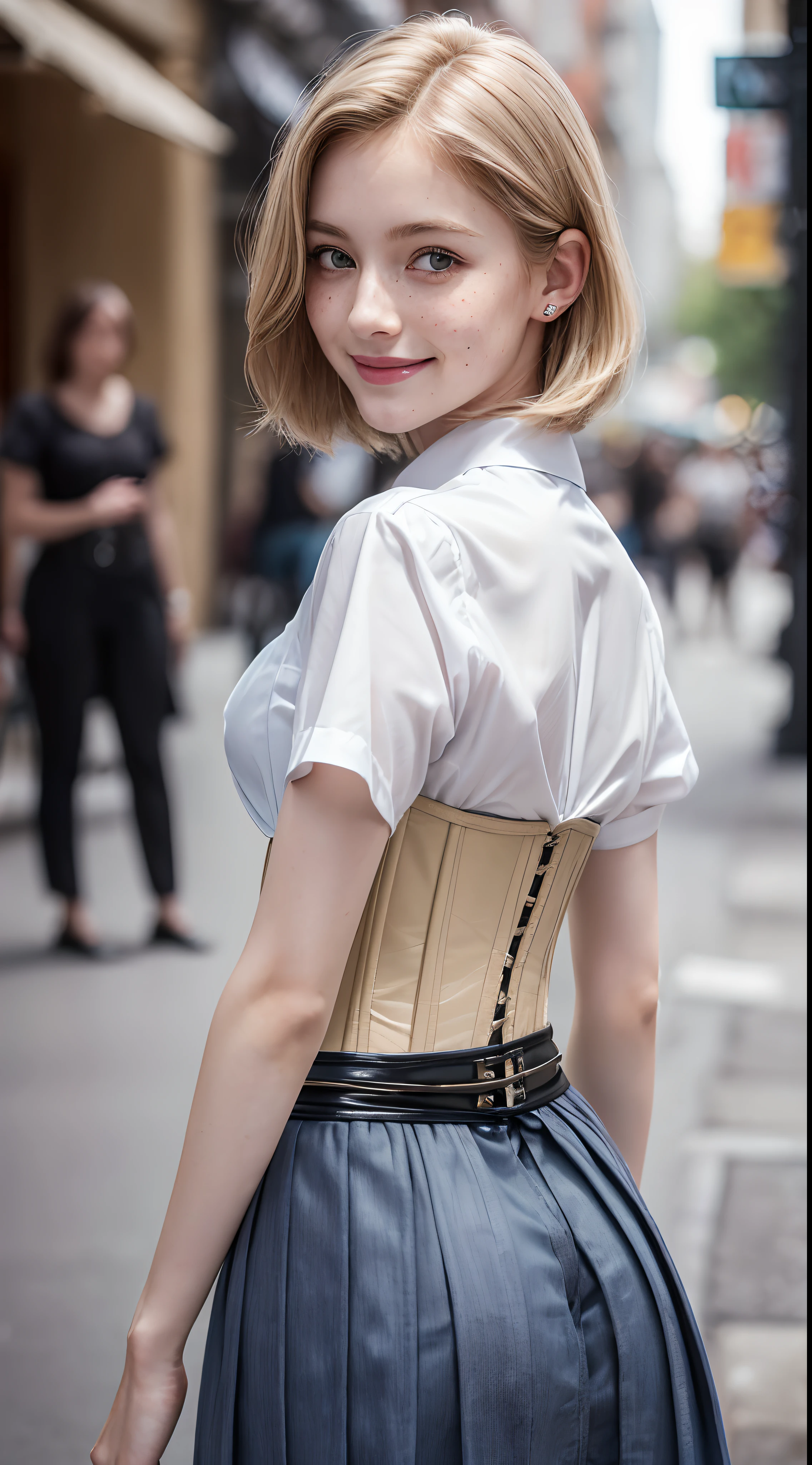 woman face, Americana, 12year old, pale skin and freckles, grey eyes, delicate nose, soft and delicate lips, long, Wavy gray blondie hair, Ultra-realistic HD highly rendered photorealistic,Very slim and slender fit muscular body:1.3), ((Looking at Viewer)),(Big smile:1.3), (Blurred background),(No people in the background:1.3), Clear eyes, Walking, (pale skin), (Big eyes), (Golden bristles), (Full body shot), , ((blue high waist skirt)), , (Looking at Viewer:1.3) opened breast, Very slim, medium breasts, ass forcus, Before the eyebrows, ((whiteshirt:1.3)), (double-breasted,Underbust:1.2), Short sleeves, buttonGap,(((Corset Belt))(,Shorthair,backtrack, (Back shot), ass forcus