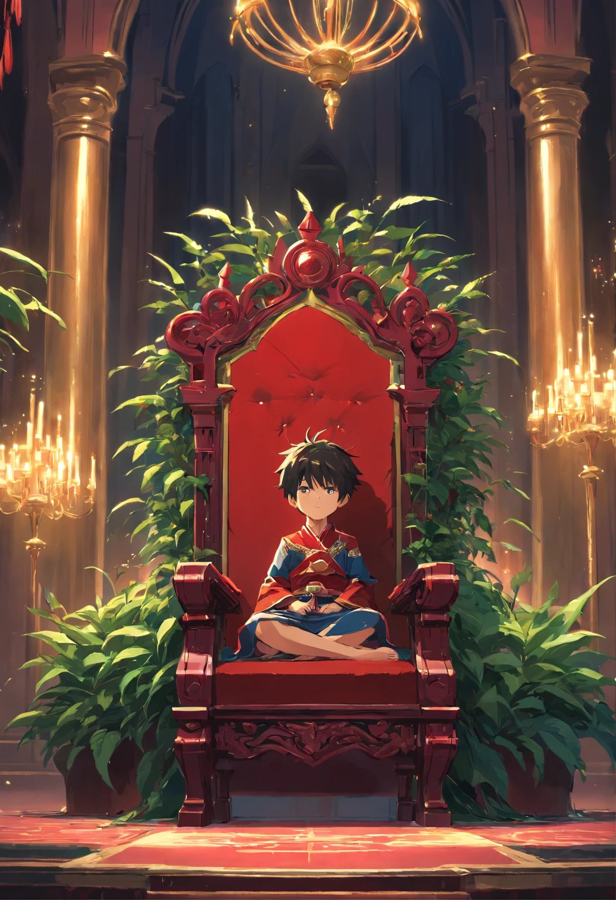 royal hall, A throne, Thorn plants, Dark light, Empty room, Gloomy composition, Black and Red Throne, Thorny plants around the throne, Close-up of the throne.The Tibetan boy was crowned king