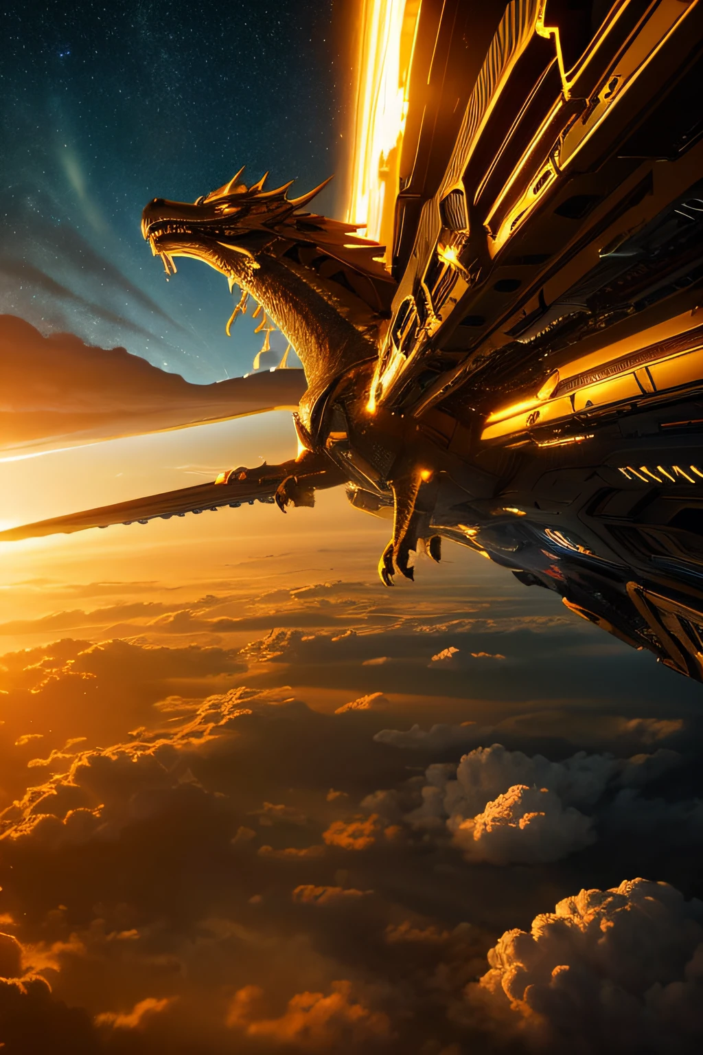 A golden dragon flaps in the sky, Dramatic skies, Cinematic Light、Futuristic city、Precise sense of scale