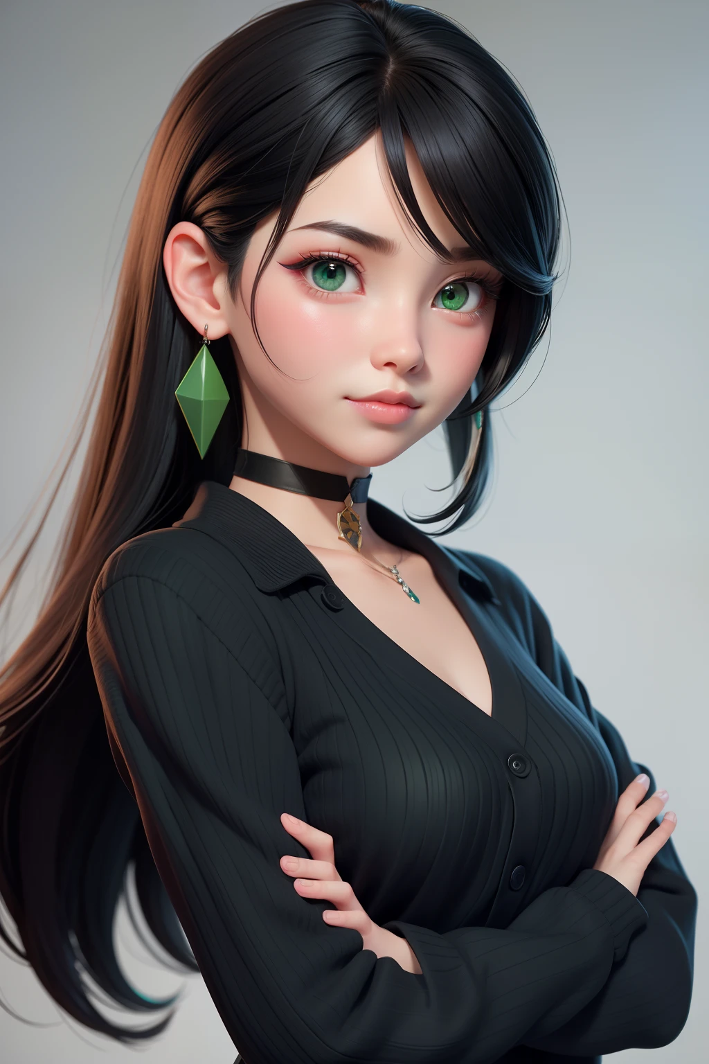 Best quality, ..。.3d rendering work, ..。.3DMM style, Close-up, Portrait, ....。.。.3D, 1girll, only, Black hair, Teardrop-shaped earrings, looking at the camera in, Front, Realistic, Upper body , posing on a, Simple background, bangs, looks away, Long straight black hair, parted lip, choker necklace, Makeup , squishy, Green cardigan, Green eyes, Tifa Lockhart, (Small breasts: 1.1) Reference: https://image9.cdn.Sea Art.。.。.ai/2023-08-04/52449297297477/C9E0706CFFA353936C45F41FEF45E6C4F2A12E7C...png