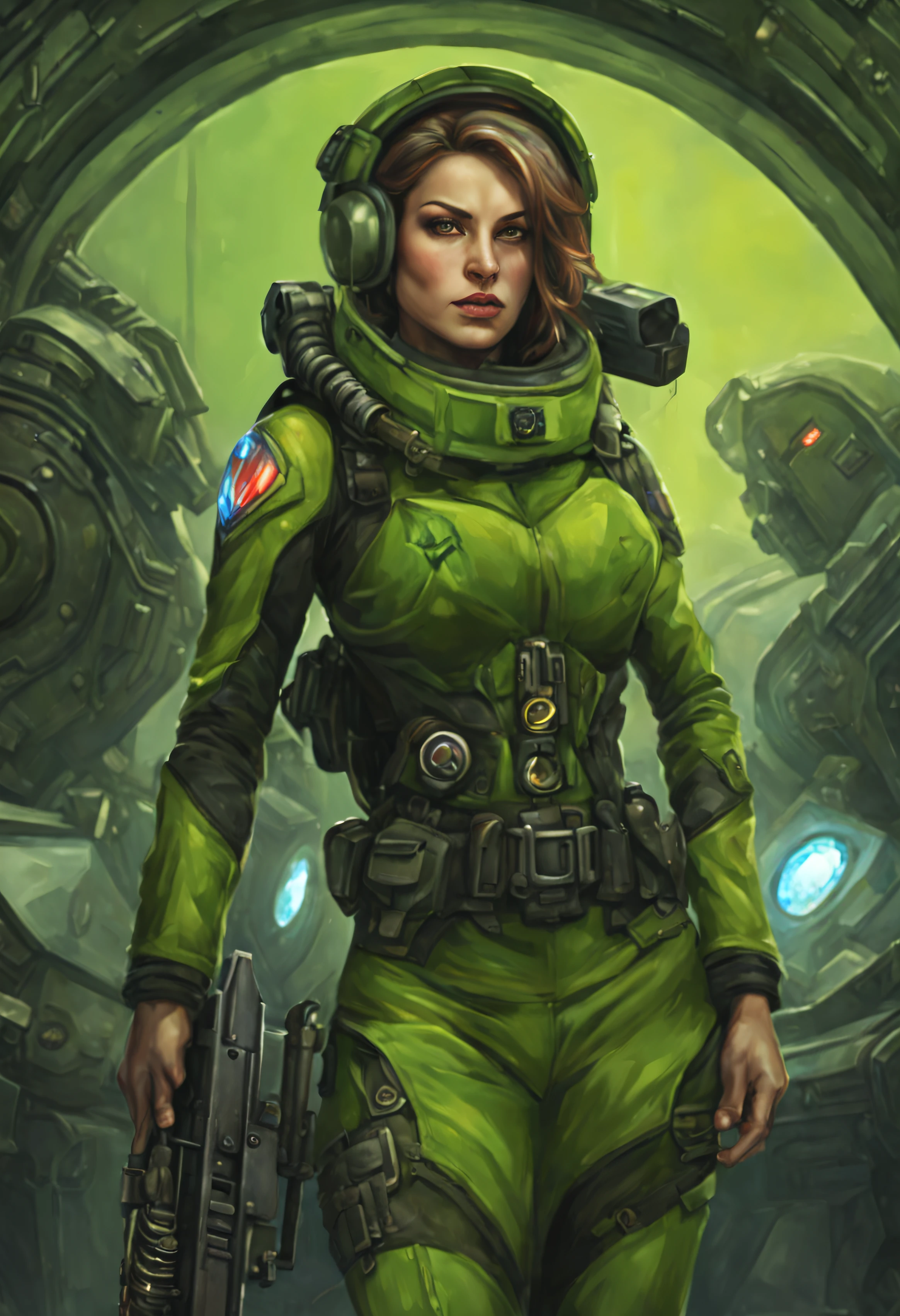 cuerpo entero,hembra con cara rara de alienigena extraterrestre pero bellisima, con ojos supergrandes en relacion con su cara, con iris de color verde,con el uniforme militar sexy con minifalda, de gears of war,(se encuentra en centro de control de estacion espacial).8k.