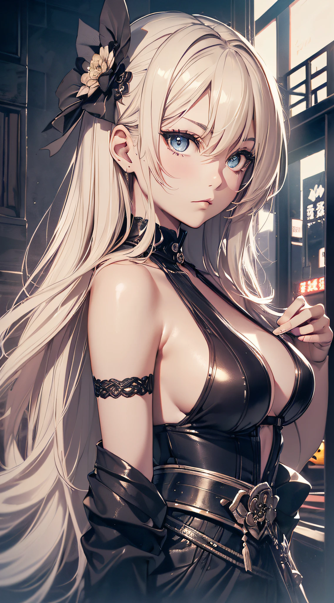 top-quality、Top image quality、masterpiece、girl with((cute little、18year old、Best Bust、Medium bust、Bust 85,Beautiful blue eyes、Breasts wide open,Blonde long hair、A slender、Black samurai costume、Serious face,On the waist2Japan sword of the book、Fluttering hair、Monochrome color scheme))hiquality、Beautiful Art、Background with((New York City)),masutepiece、Elaborate design、visualart、depth of fields、The best lighting、highestdetailed、8k,Super delicate、A short distance away、Monochrome world、Kurosawa World