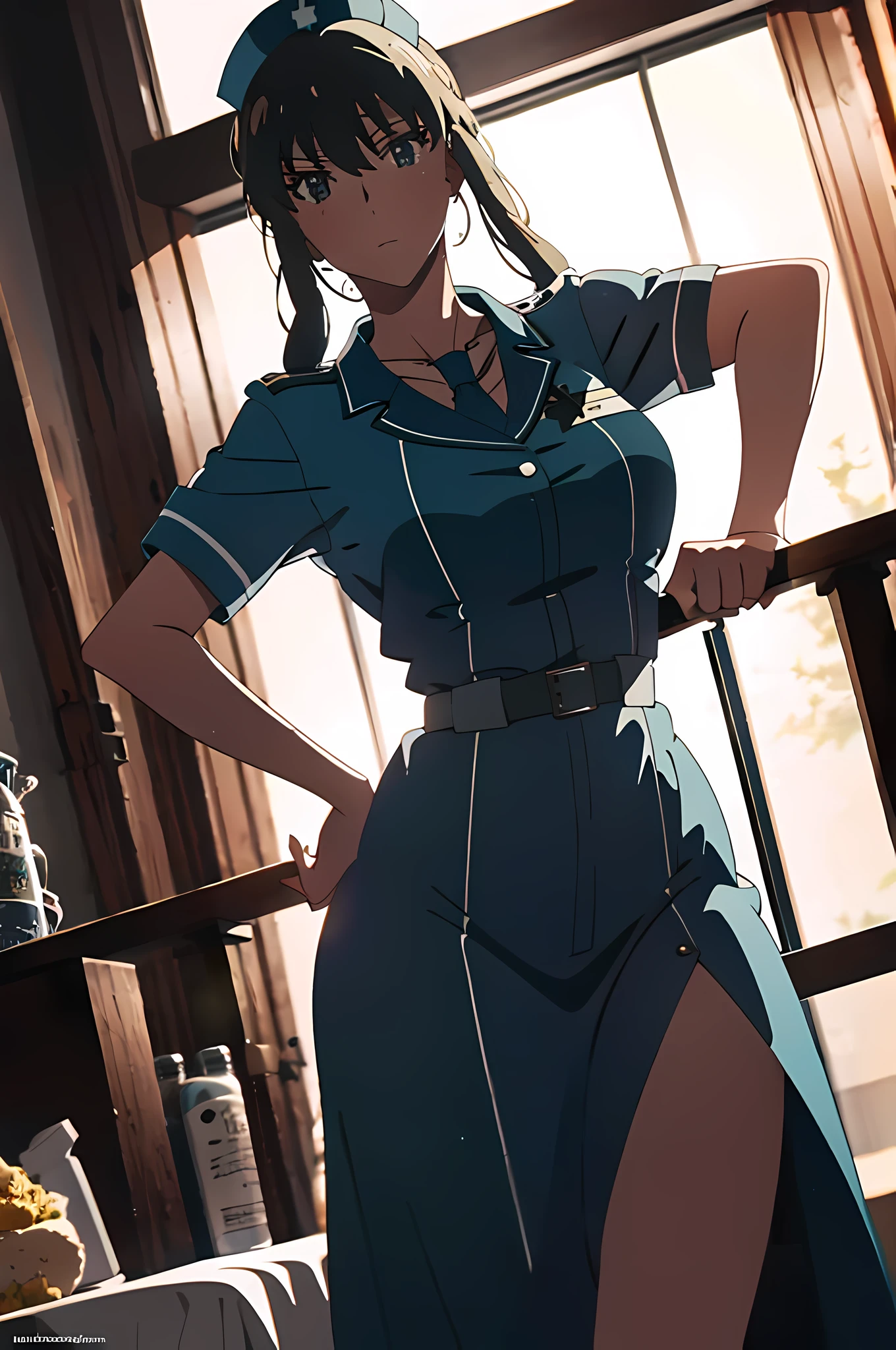 yor forger, solo, 4k anime movie, handrawn by an artist, Yor briar dressed as a world war 2 nurse, realistic colors, realistic lighting, less dramatic saturation,