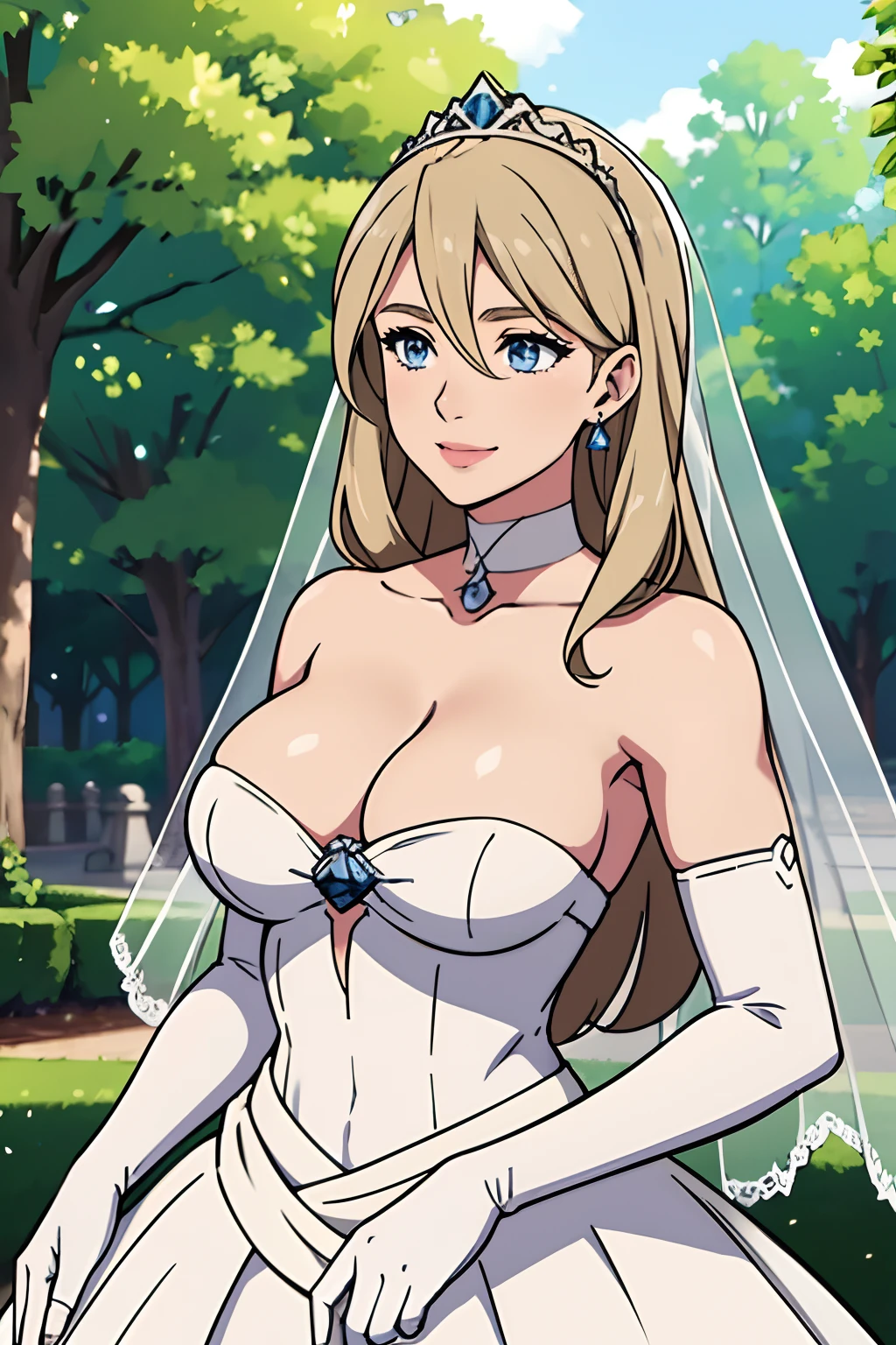 defMercedes, hair between eyes, ahoge, blue eyes, hair, star \(symbol\), hair ornament, dress, cleavage, bare shoulders, collarbone, long white elbow gloves, white gloves, white dress, white choker, strapless, tiara, veil, strapless dress, wedding dress, bridal veil, beautiful woman, perfect body, perfect breasts, wearing a wedding dress, ball gown, in the park trees, wedding decorations, a in love smile, realism, masterpiece, textured skin, super detail, high detail, high quality, best quality, 1080p, 16k