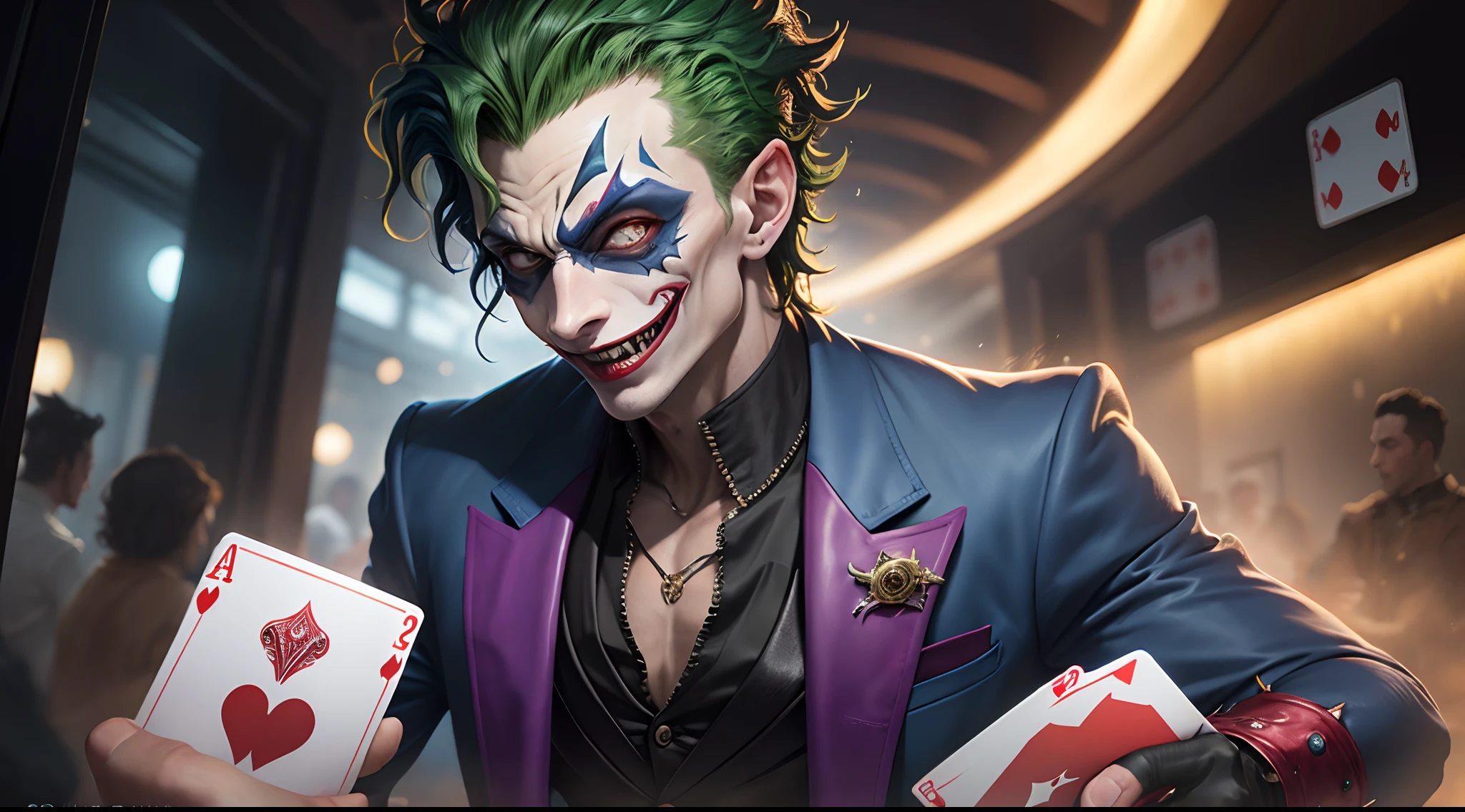 Joker cartoon style, (absurd, intricate details, masterpiece, best quality, high resolution, 8k), sinister man, laughing.detailed background, detailed face, (V0id3nergy, empty theme:1.1) evil clown, magic robes of tattered color, (smile: 0.8), purple color scheme, dark scarlet light, streets of gotan , bright magic runes,