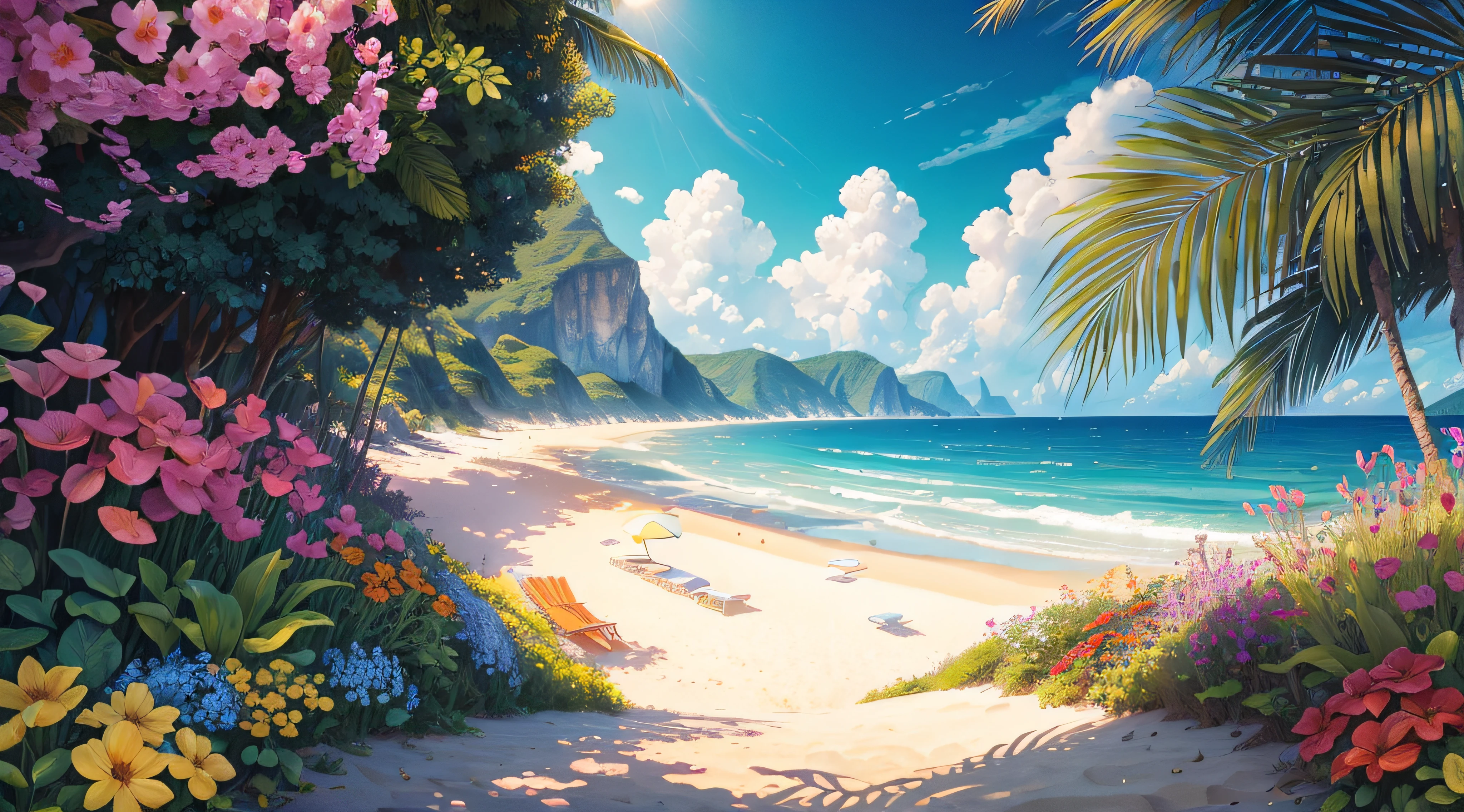 (best quality), masterpiece, extremely detailed CG, 8K illustration, high color, extremely high color saturation, all colors deepened,, center composition, extremely detailed light and shadow, watercolor style, clipart, summer, sun, ocean, beach, scenery, no human, white background --v6