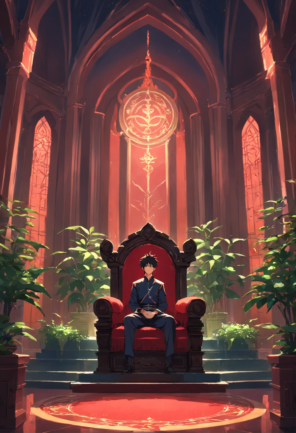 royal hall, a throne, Thorn plants, Dark light, Empty room, Gloomy composition, Black and Red Throne, Thorny plants around the throne, Throne close-up.An 18-year-old boy in Tibetan clothing was crowned king