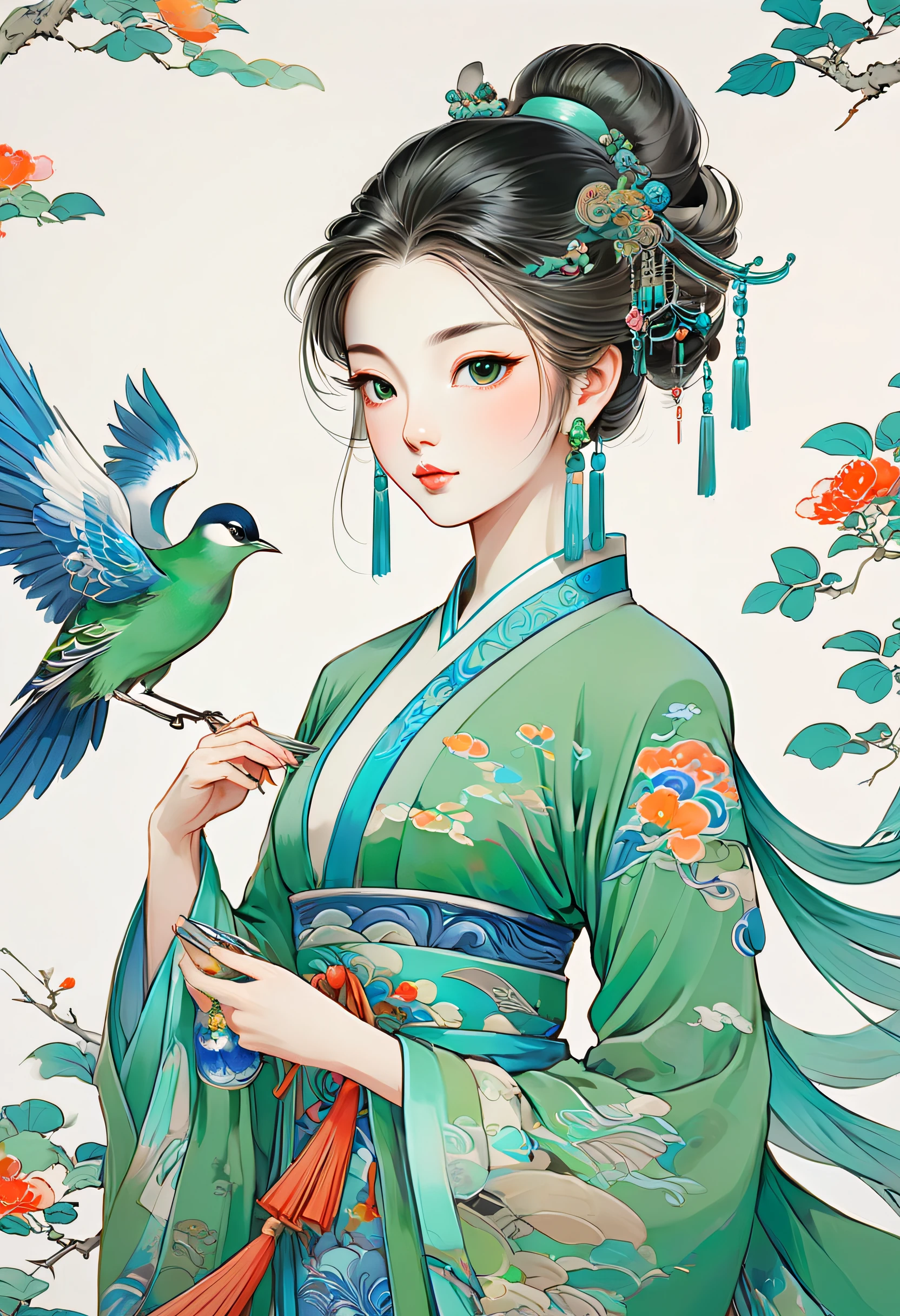 a painting of an chinese woman with a bird and colourful dress, in the style of charming anime characters, green and azure, intricate illustrations, bold, manga-inspired characters，guofeng，chinese style