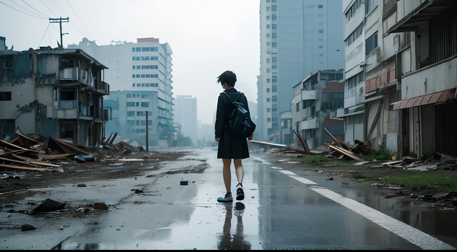 Estilo de Makoto Shinkai,In this apocalyptic world,Xiaojie strolled alone,Walk through crumbling buildings and broken roads。
