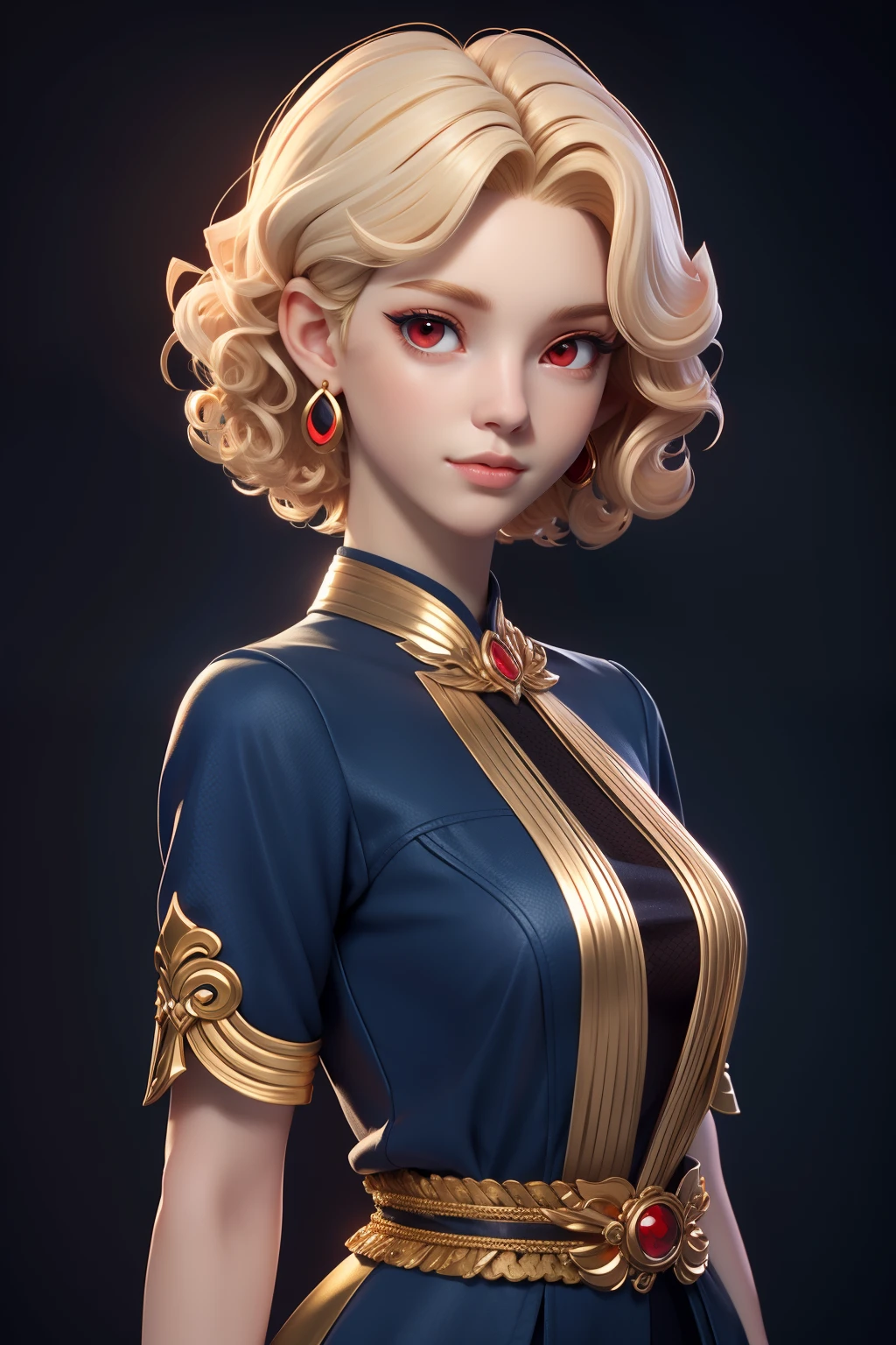 Masterpiece, Best quality, 1 girl, Red eyes, Pale skin, Blonde hair, Short hair, Curly hair, Gold earrings, jewelry, Japanese, Dark blue clothes, Simple background, Solo, Upper body