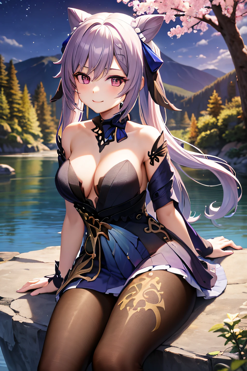  , lake , tree , sitting on rock, night , keqingopulent ,smile , detail background ,  ,   , show 