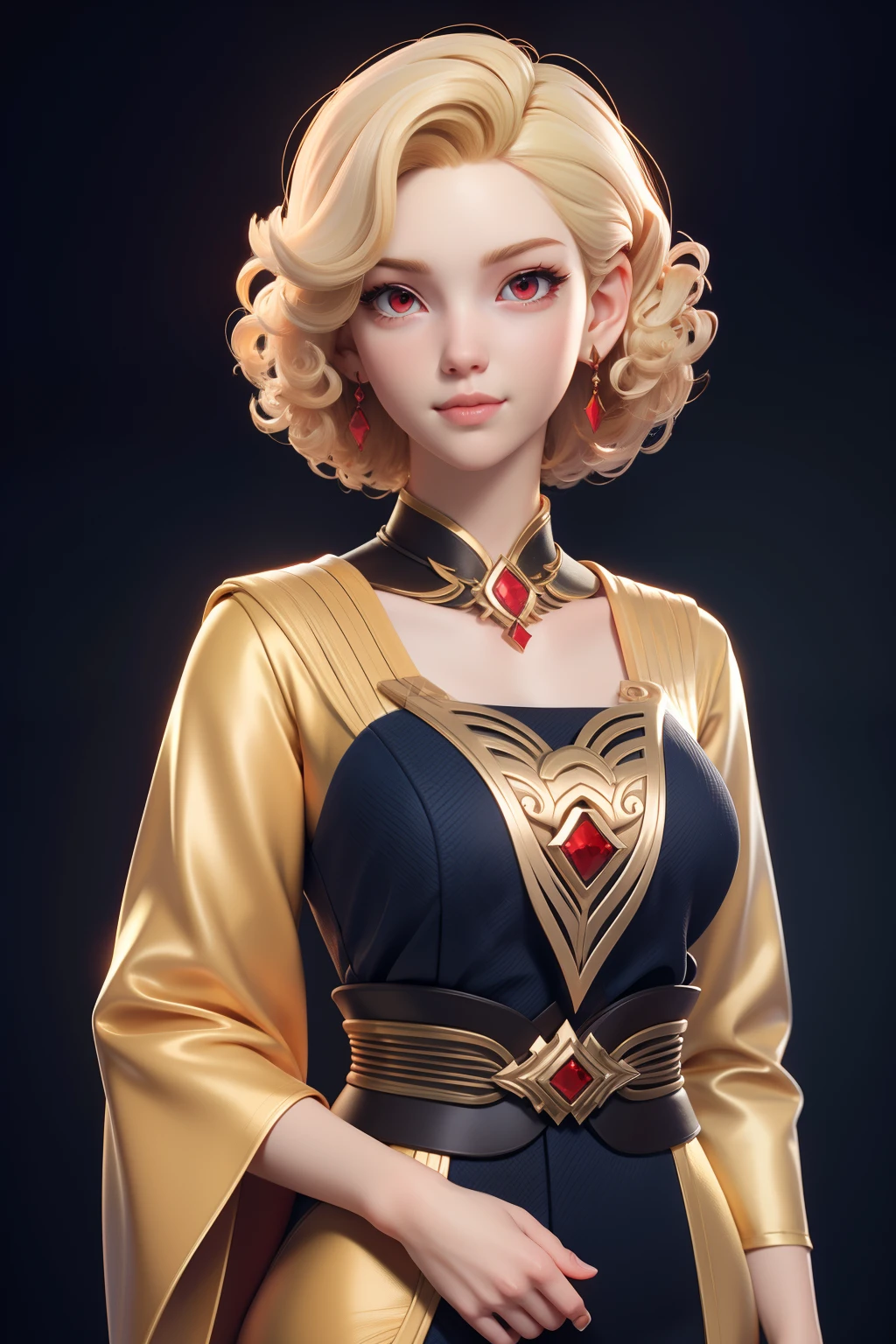 Masterpiece, Best quality, 1 girl, Red eyes, Pale skin, Blonde hair, Short hair, Curly hair, Gold earrings, jewelry, Japanese, Dark blue clothes, Simple background, Solo, Upper body