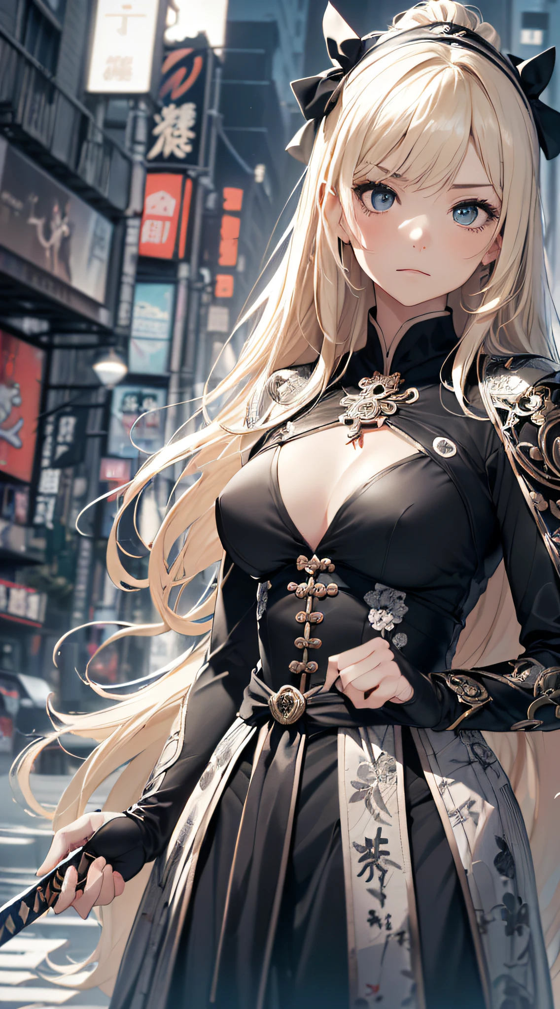 top-quality、Top image quality、masterpiece、girl with((cute little、18year old、Best Bust、Medium bust、Bust 85,Beautiful blue eyes、Breasts wide open,Blonde long hair、A slender、Black Samurai Costume、Serious face,On the waist2Japan sword of the book、Fluttering hair、black and white color scheme))hiquality、Beautiful Art、Background with((Black and white world、New York City)),masutepiece、Elaborate design、visualart、depth of fields、The best lighting、highestdetailed、8k,Super delicate、A short distance away、Art of Kurosawa World