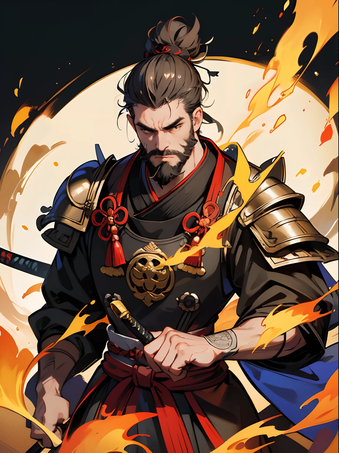 Full body like,One-person focus,middle aged man,musculous,big beard,Angry eyes,vred,irate,buddhism,Hmph and Ha Second General,Shogun,With an iron pestle in his hand,Sword,armour,There was a ribbon floating behind him,Silk scarf,Flying,Exudes a powerful aura ,2K, best qualtiy,Masterpiece, Super detail, High details,Well-made beard, Samurai bun,back,(High- sharpness,ultra - detailed), tmasterpiece, 独奏, High detail, (A high resolution, ultra - detailed), Cinematic lighting, Motion blur, Ray tracing, reflective light, (Close-up), Masterpiece, Best quality, High quality, Anatomically correct, Textured skin, High details, Super detail, 1080p, hyper HD,