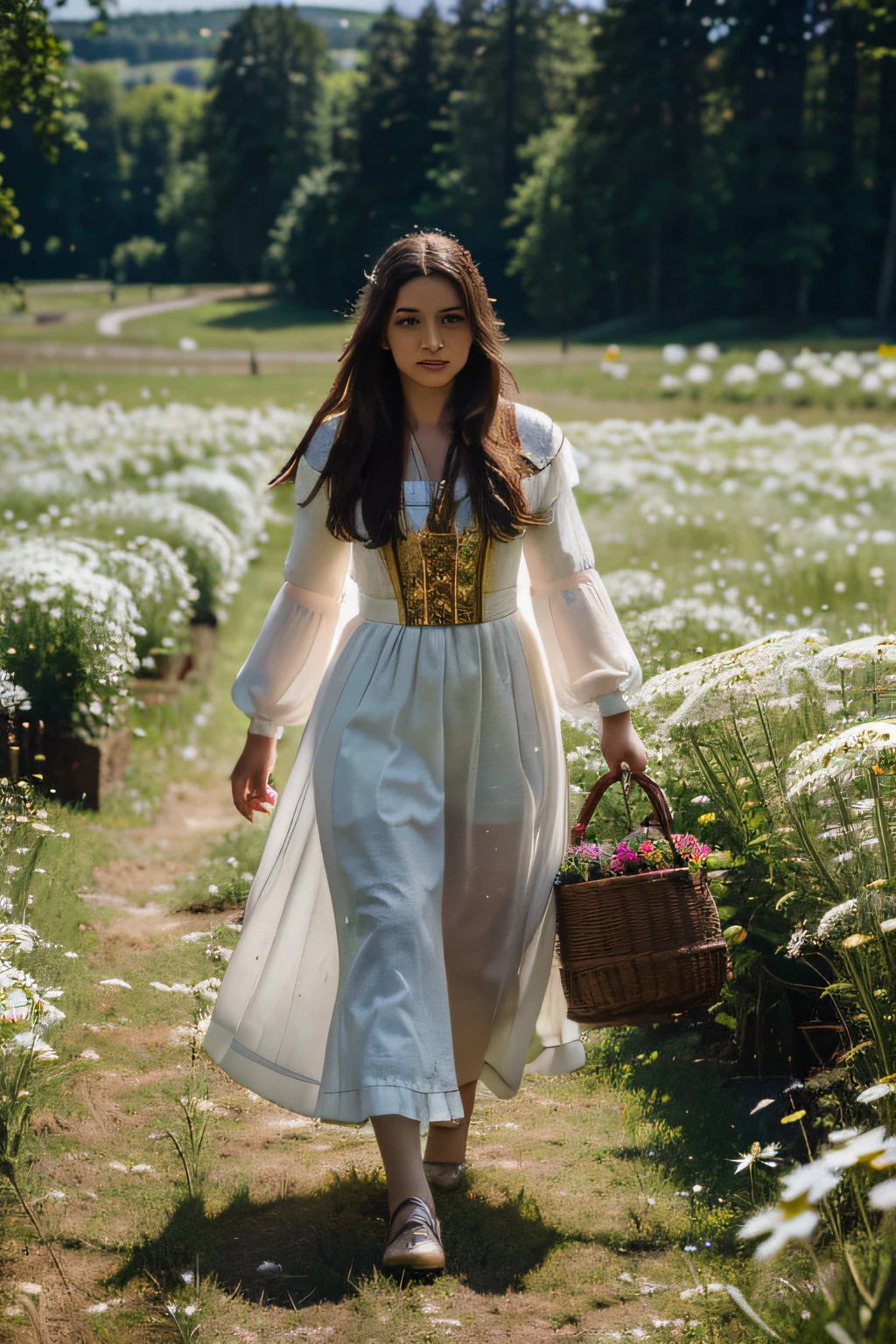 (A girl in a Russian traditional costume walks through a field of daisies on a sunny day, with a forest in the distance) (best quality,4k,8k,highres,masterpiece:1.2),ultra-detailed,(realistic,photorealistic,photo-realistic:1.37), HDR, UHD, studio lighting, ultra-fine painting, sharp focus, physically-based rendering, extreme detail description, professional, vivid colors, bokeh, portraits, landscape