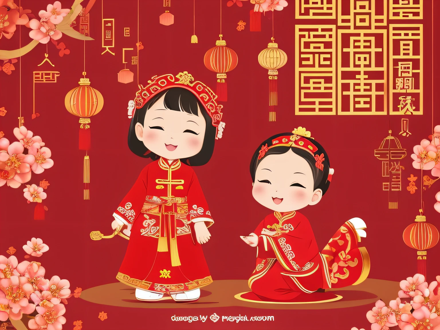 Chinese New Year wallpaper for Instagram, in the style of charming character illustrations, Light red and beige, lit child, Reference painting, Cranberry pits, Original characters, White background