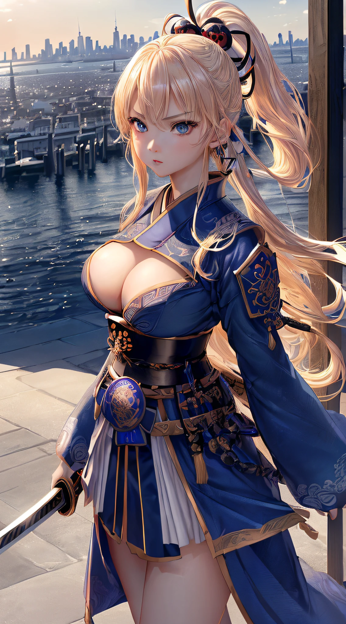 top-quality、Top image quality、masterpiece、girl with((cute little、18year old、Best Bust、Medium bust、Bust 85,Beautiful blue eyes、Breasts wide open,Blonde long hair、A slender、Black Samurai Costume、Serious face,On the waist2Japan sword of the book、Fluttering hair、Monochrome color scheme))hiquality、Beautiful Art、Background with((New York City)),masutepiece、Elaborate design、visualart、depth of fields、The best lighting、highestdetailed、8k,Super delicate、A short distance away、Monochrome world、Kurosawa World