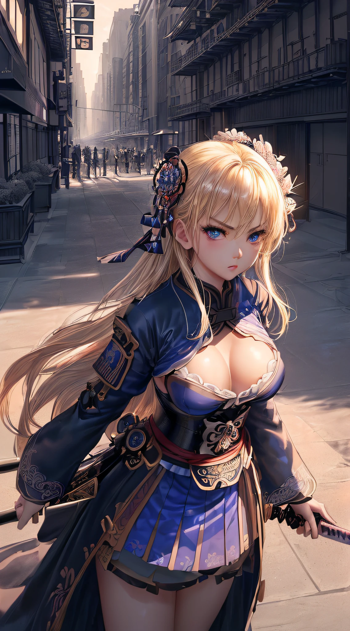 top-quality、Top image quality、​masterpiece、girl with((cute little、18year old、Best Bust、Medium bust、Bust 85,Beautiful blue eyes、Breasts wide open,Blonde long hair、A slender、Black Samurai Costume、Serious face,On the waist２Japan sword of the book、Fluttering hair、Monochrome color scheme)）hiquality、Beautiful Art、Background with((New York City)),masutepiece、Elaborate design、visualart、depth of fields、The best lighting、highestdetailed、8ｋ,Super delicate、A short distance away、Monochrome world、Kurosawa World